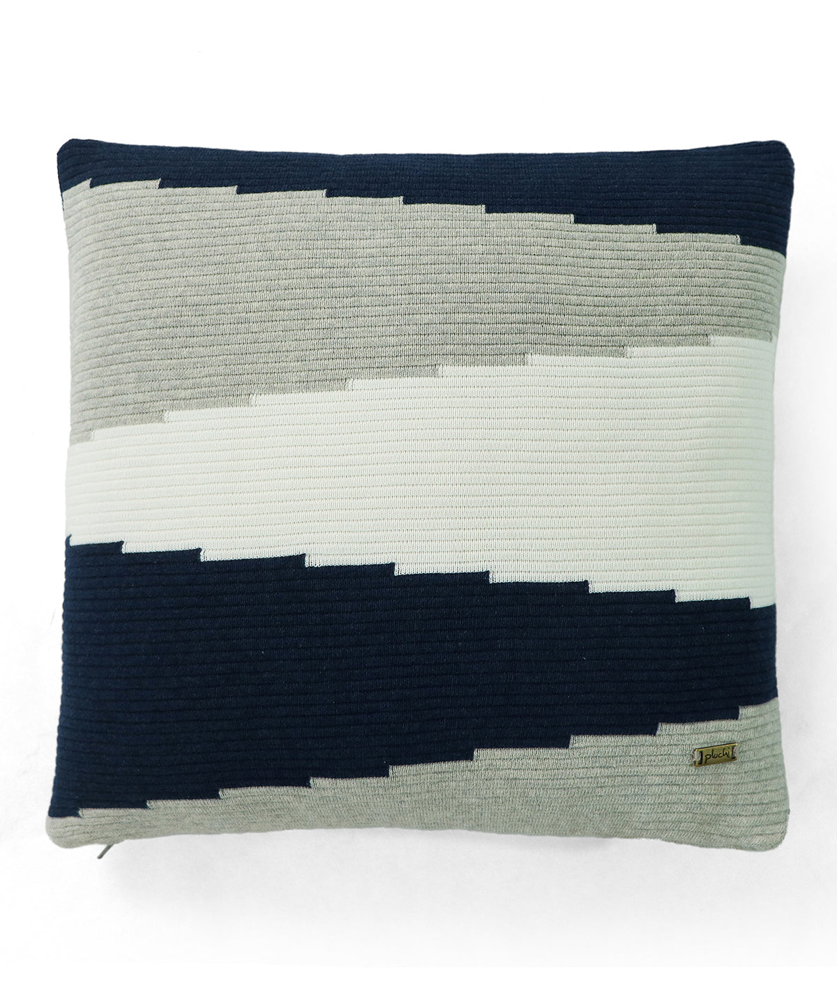 Maverick Navy Melange, Vanilla Grey Melange & Ivory Cotton Knitted Decorative 16 X 16 Inches Cushion Cover