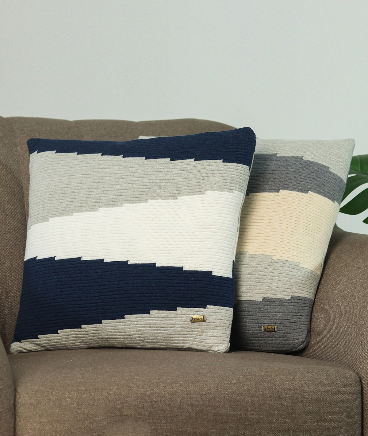 Maverick Navy Melange, Vanilla Grey Melange & Ivory Cotton Knitted Decorative 16 X 16 Inches Cushion Cover