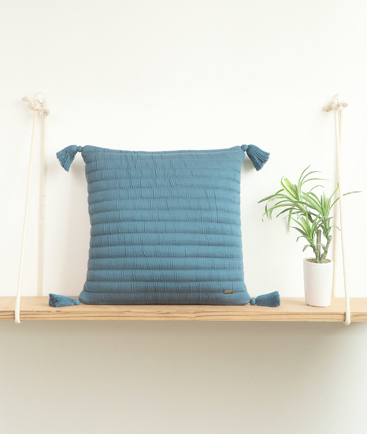 Bar Blue Cotton Knitted Quilted Cushion with Tassels 16 X 16 Inches Cushion Cover