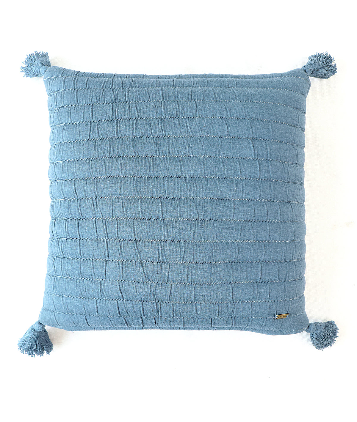 Bar Blue Cotton Knitted Quilted Cushion with Tassels 16 X 16 Inches Cushion Cover