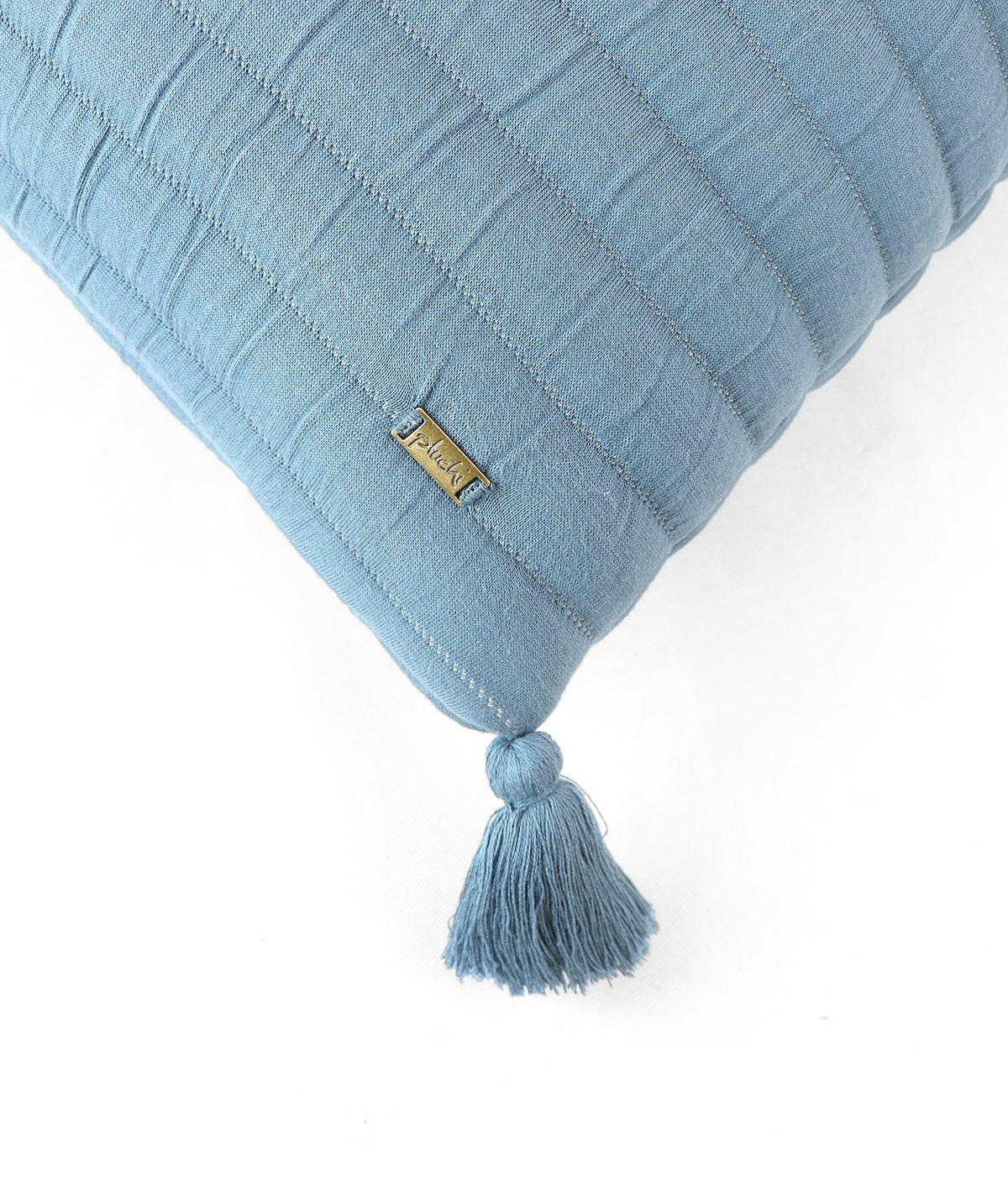 Bar Blue Cotton Knitted Quilted Cushion with Tassels 16 X 16 Inches Cushion Cover