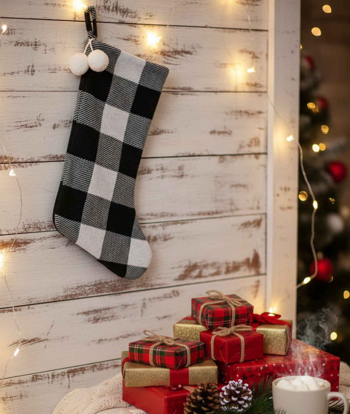 Black & Ivory Cotton Knitted Christmas Decorative Stocking