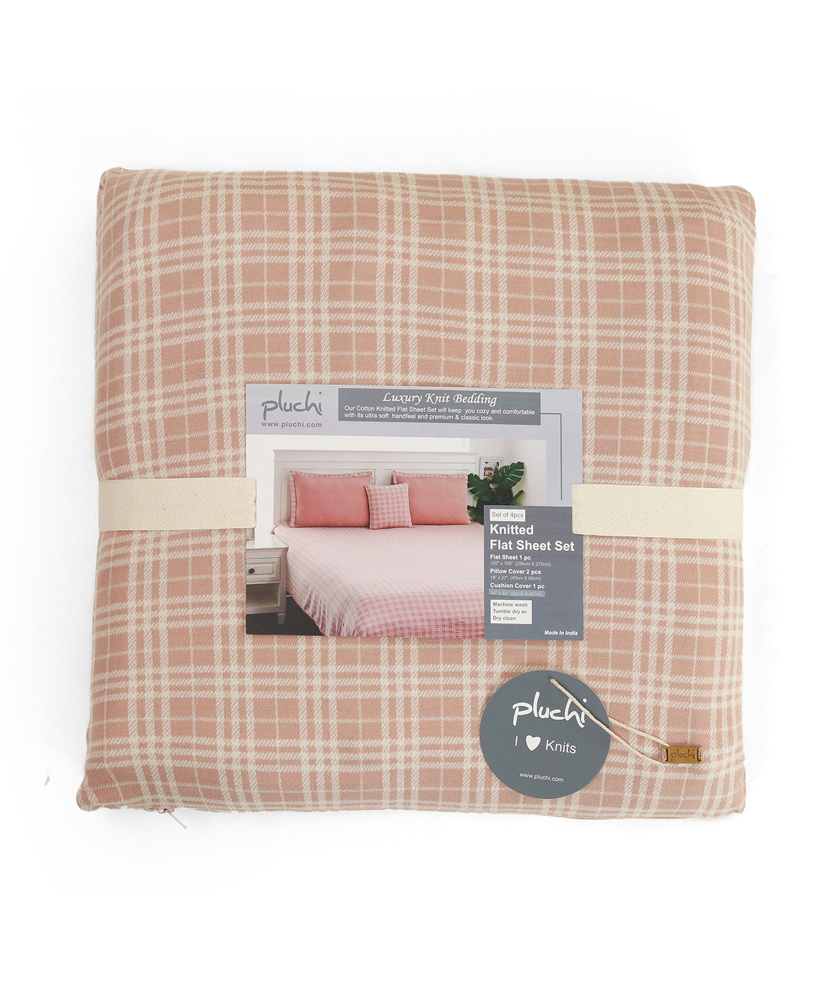 Checkerboard Pale Pink & Natural Color Cotton Knitted King Size Bed Cover/AC Blanket Set (1 bedcover, 2 Pillow Covers, 1 Cushion Cover)
