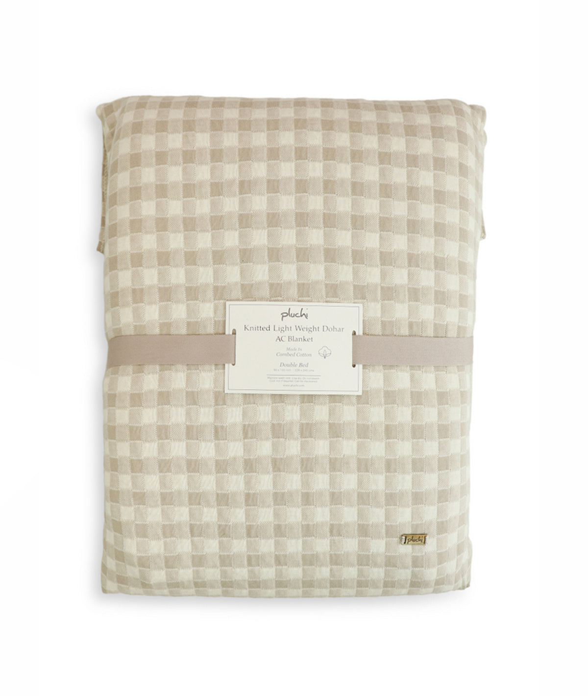 Square Cheque Pale Whisper & Natural Cotton Knitted Double Bed AC Quilted Blanket