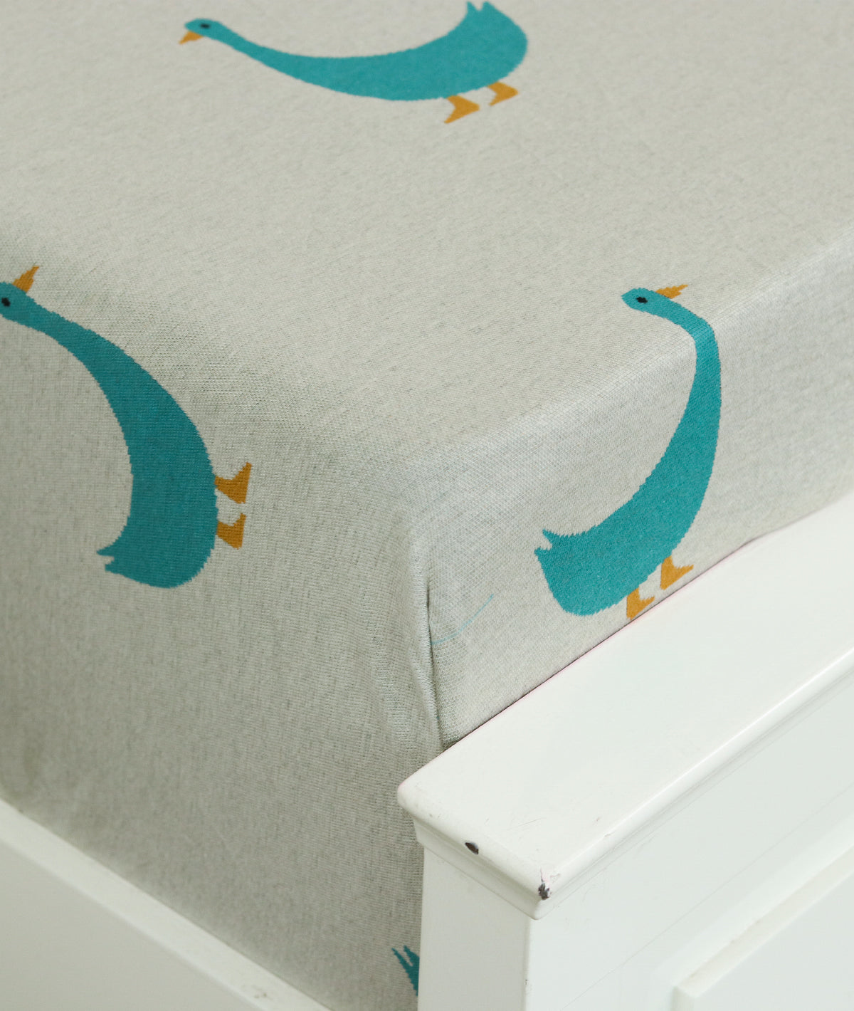 Duck Light Beige & Turquoise Cotton Knitted King Size Double Bed Fitted Sheet With 2 Pillow Covers Set