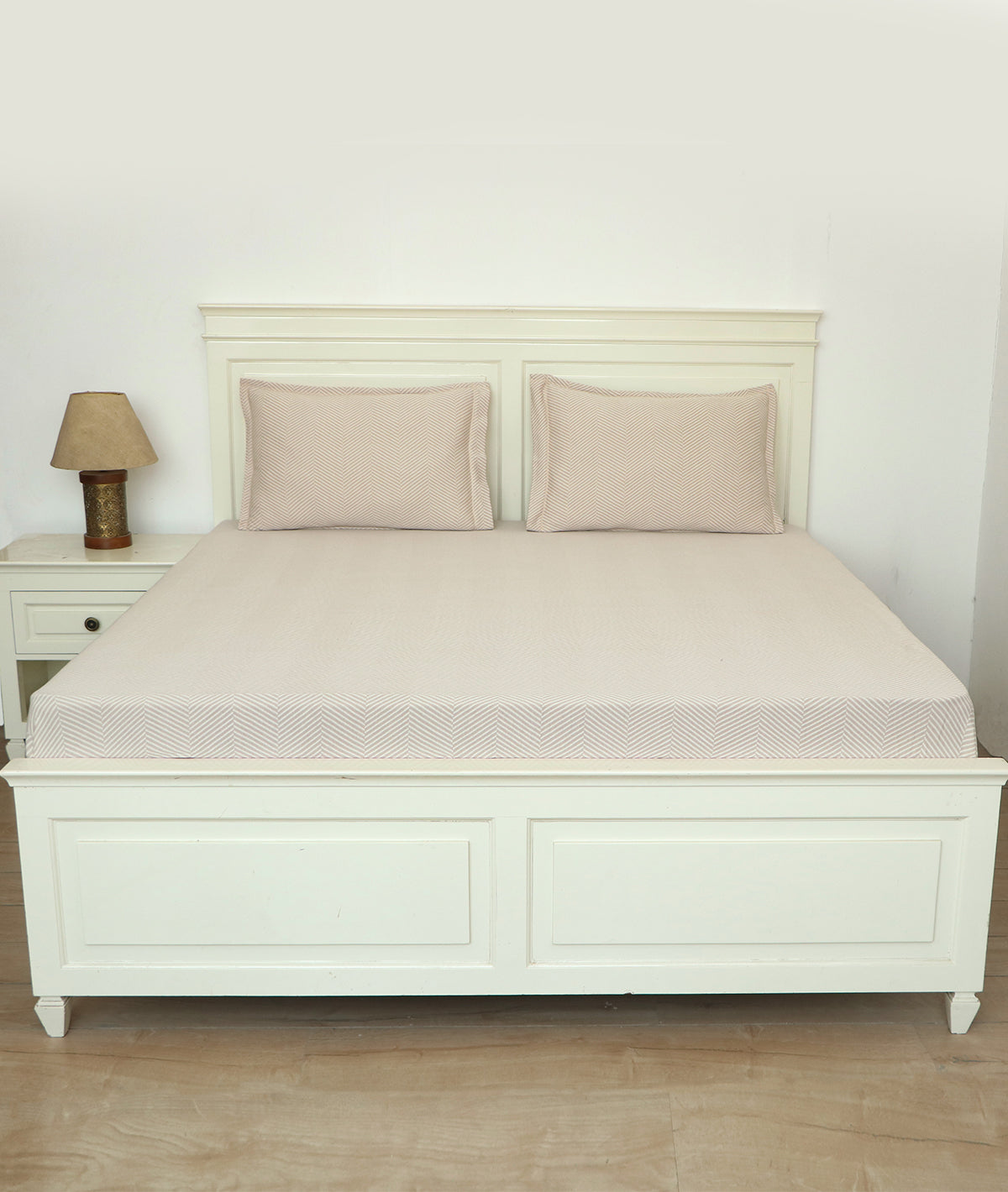 Herringbone Pale Whisper & Natural Cotton Knitted King Size Double Bed Fitted Sheet With 2 Pillow Covers Set