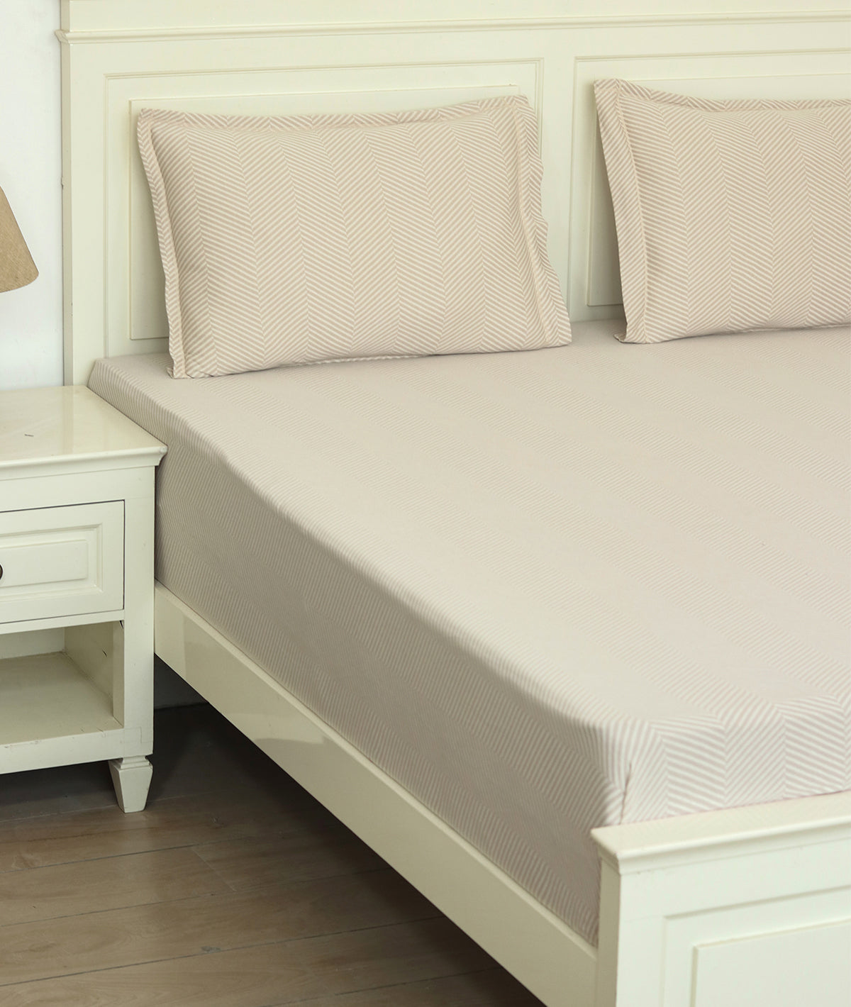 Herringbone Pale Whisper & Natural Cotton Knitted King Size Double Bed Fitted Sheet With 2 Pillow Covers Set