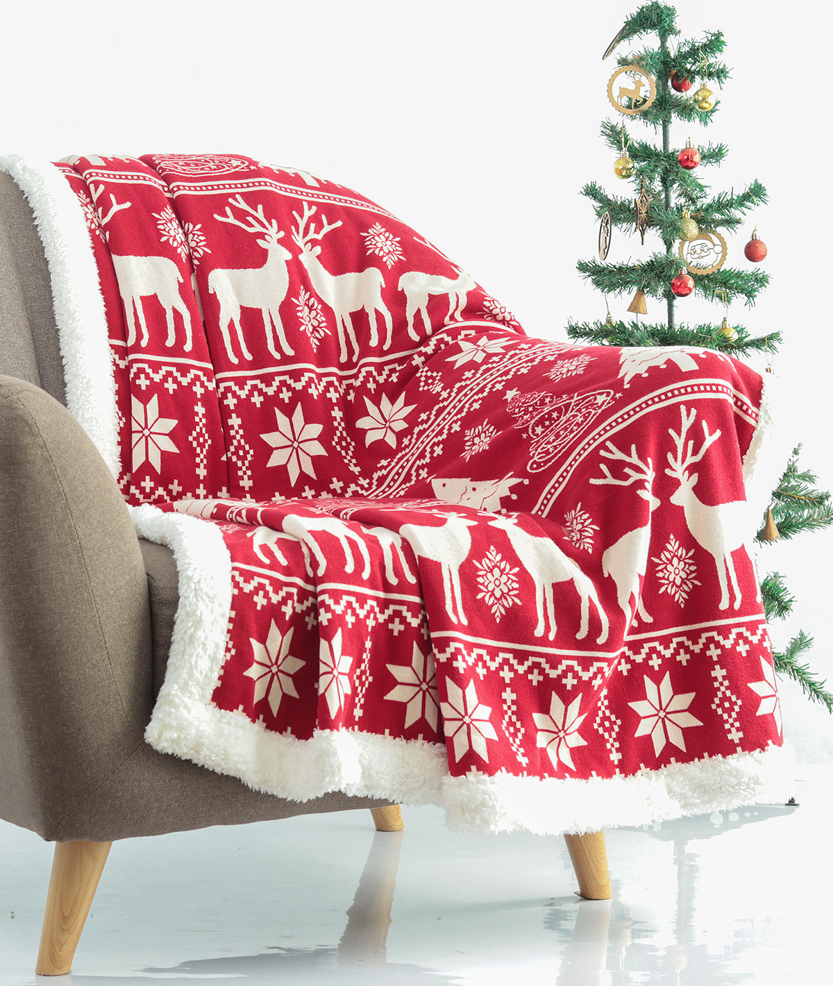 Moose Christmas Tree Cotton Knitted Kids Blanket with Warm Sherpa Fabric (Red & Natural)