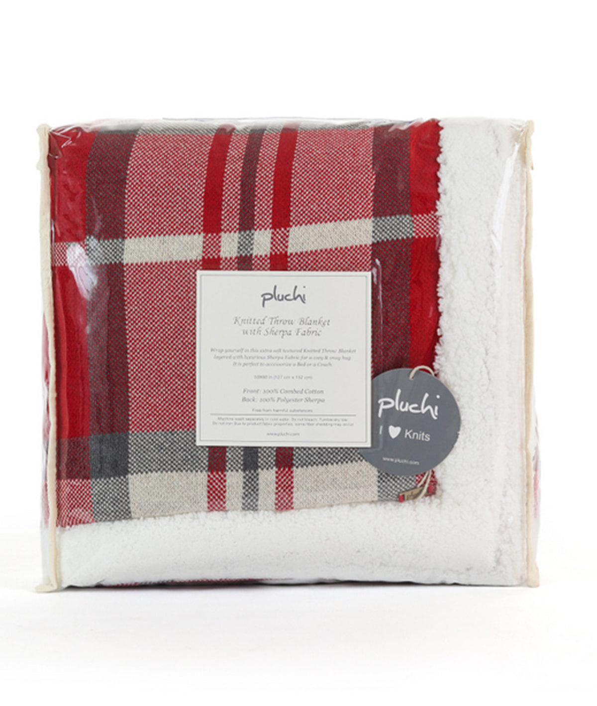 Rustic Red Tartan Cotton Knitted Kids Blanket with Warm Sherpa Fabric (Red Ivory & Grey)