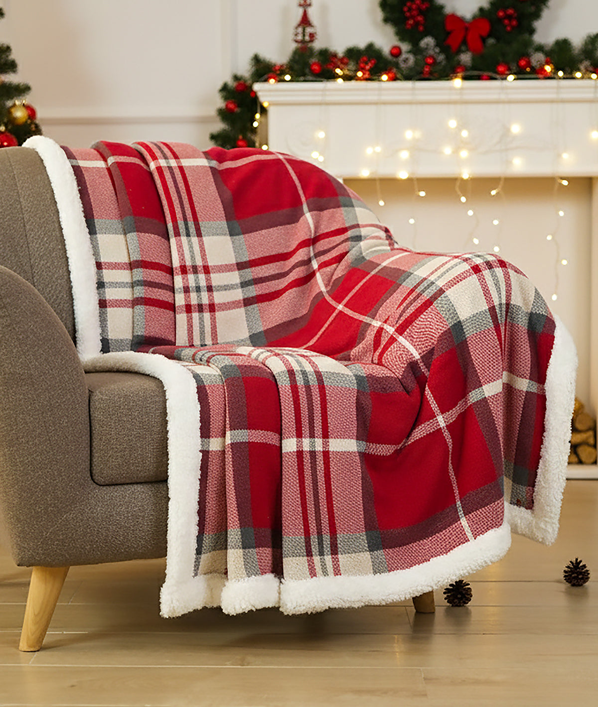 Rustic Red Tartan Cotton Knitted Kids Blanket with Warm Sherpa Fabric (Red Ivory & Grey)