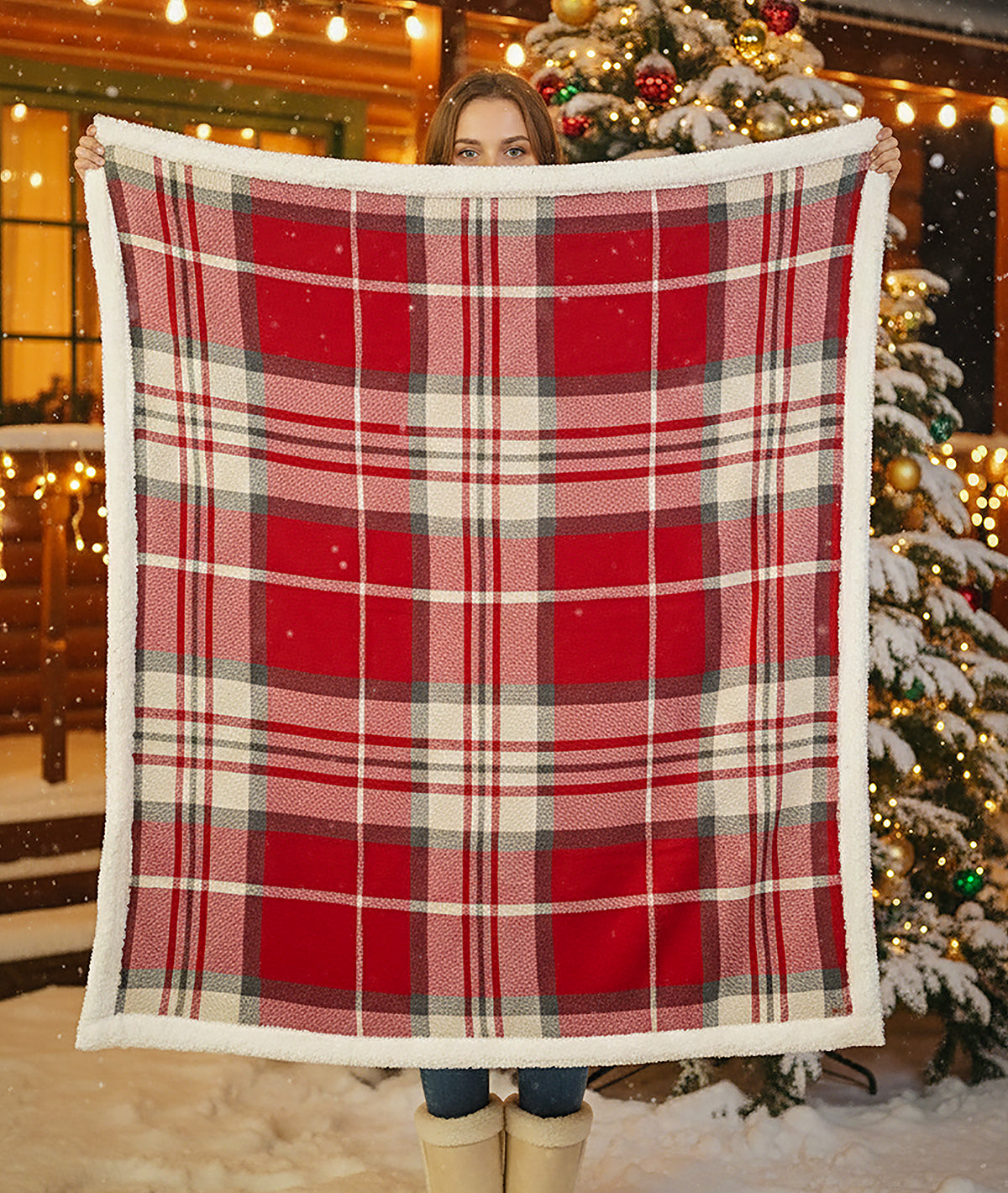 Rustic Red Tartan Cotton Knitted Kids Blanket with Warm Sherpa Fabric (Red Ivory & Grey)