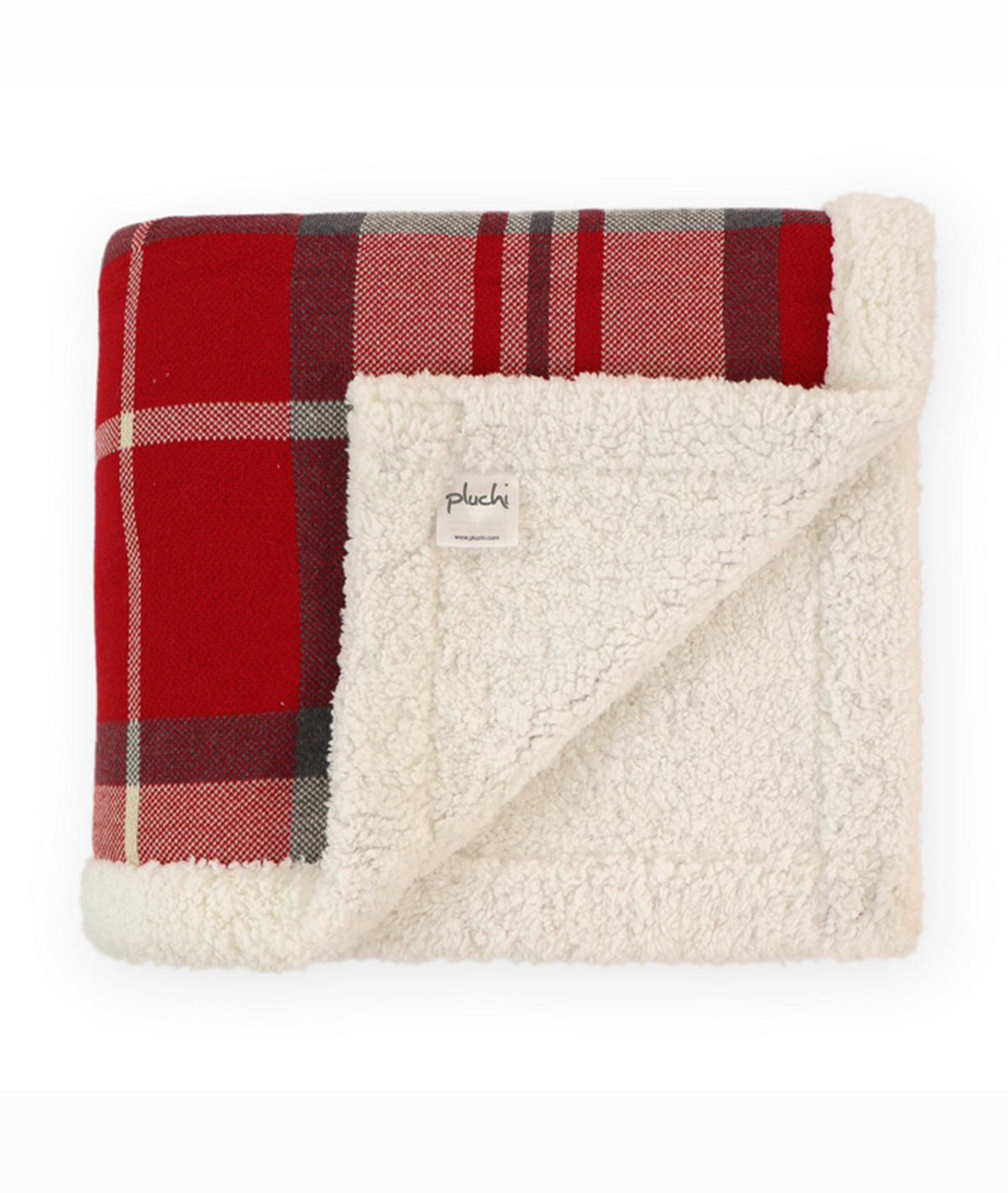 Rustic Red Tartan Cotton Knitted Kids Blanket with Warm Sherpa Fabric (Red Ivory & Grey)