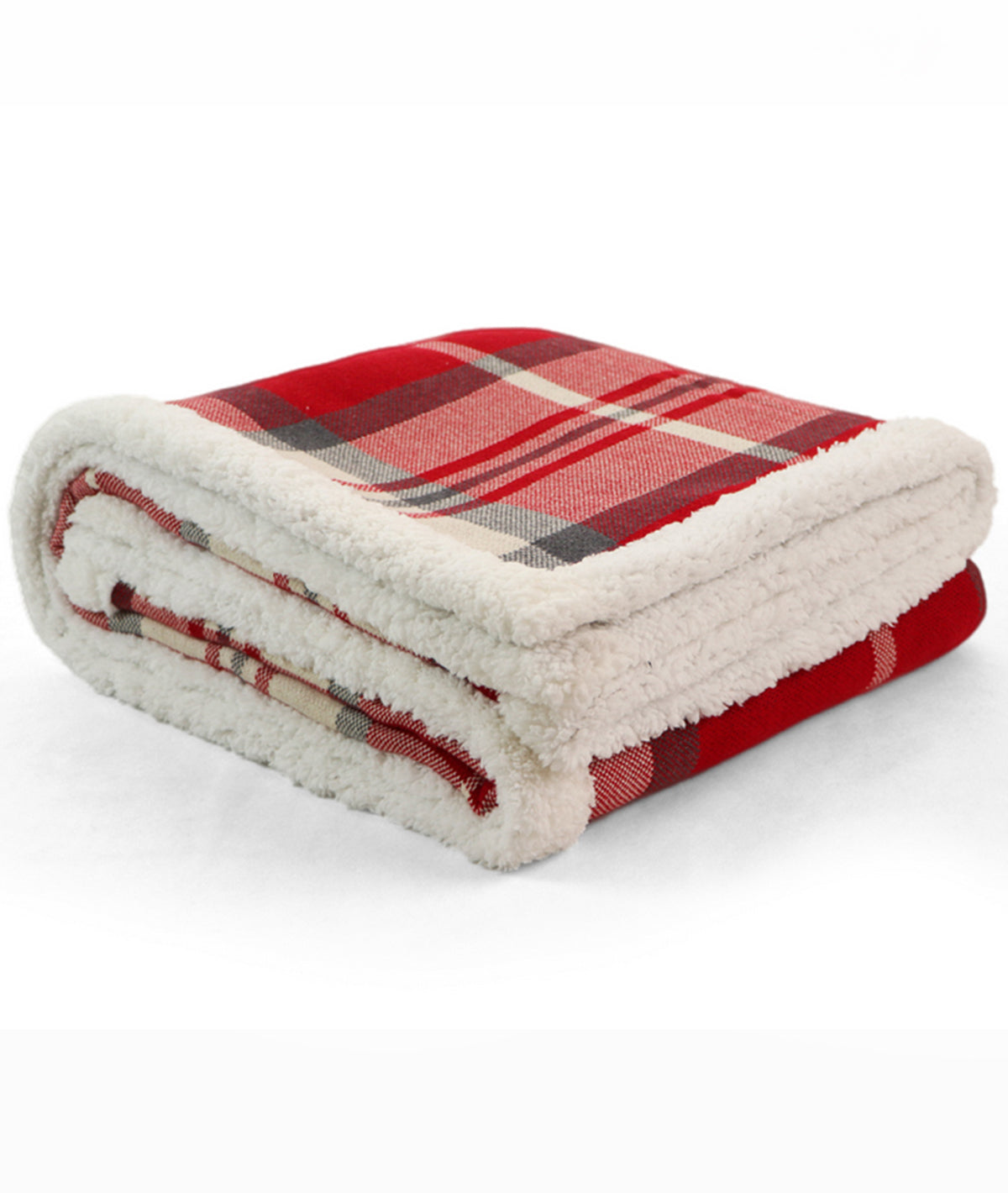 Rustic Red Tartan Cotton Knitted Kids Blanket with Warm Sherpa Fabric (Red Ivory & Grey)