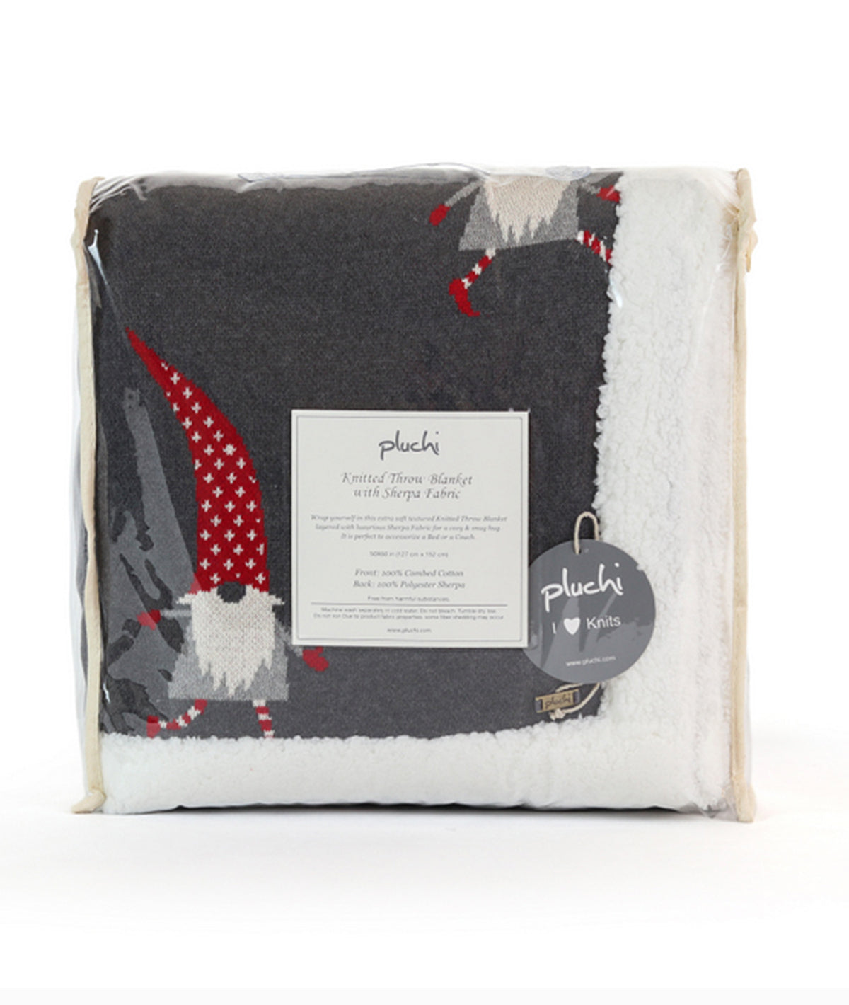 Gnome for the Holidays Cotton Knitted Kids Blanket with Warm Sherpa Fabric (Grey, Red & Ivory)