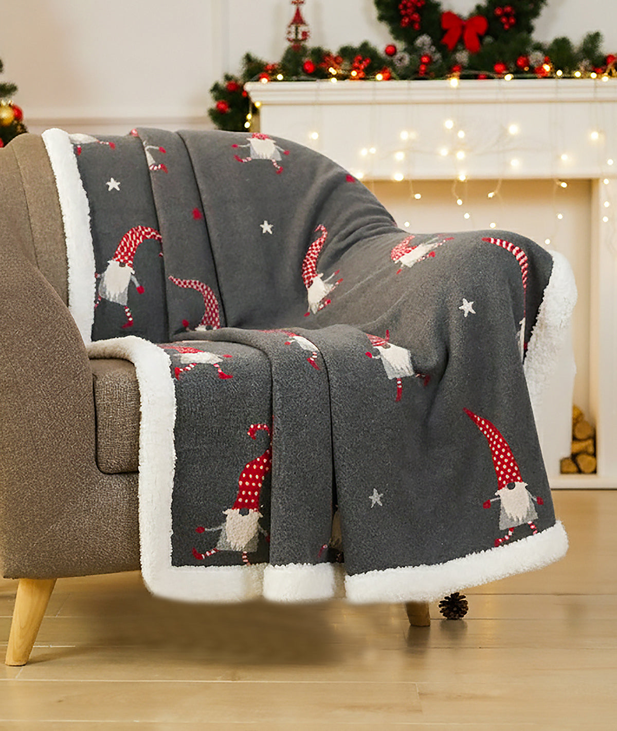 Gnome for the Holidays Cotton Knitted Kids Blanket with Warm Sherpa Fabric (Grey, Red & Ivory)