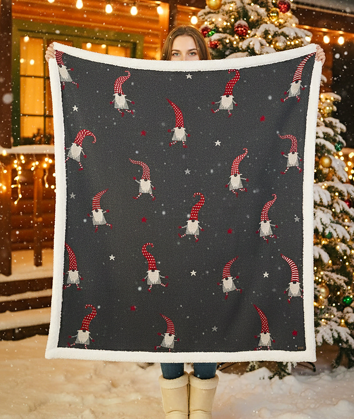 Gnome for the Holidays Cotton Knitted Kids Blanket with Warm Sherpa Fabric (Grey, Red & Ivory)