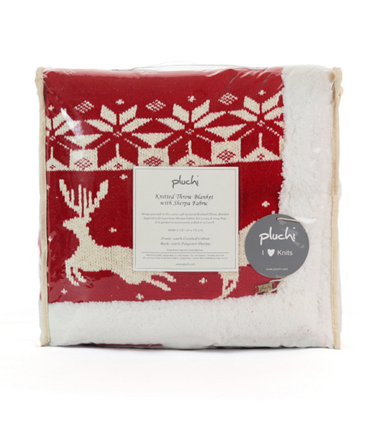Reindeer Rush Cotton Knitted Kids Blanket with Warm Sherpa Fabric (Ivory & Red)