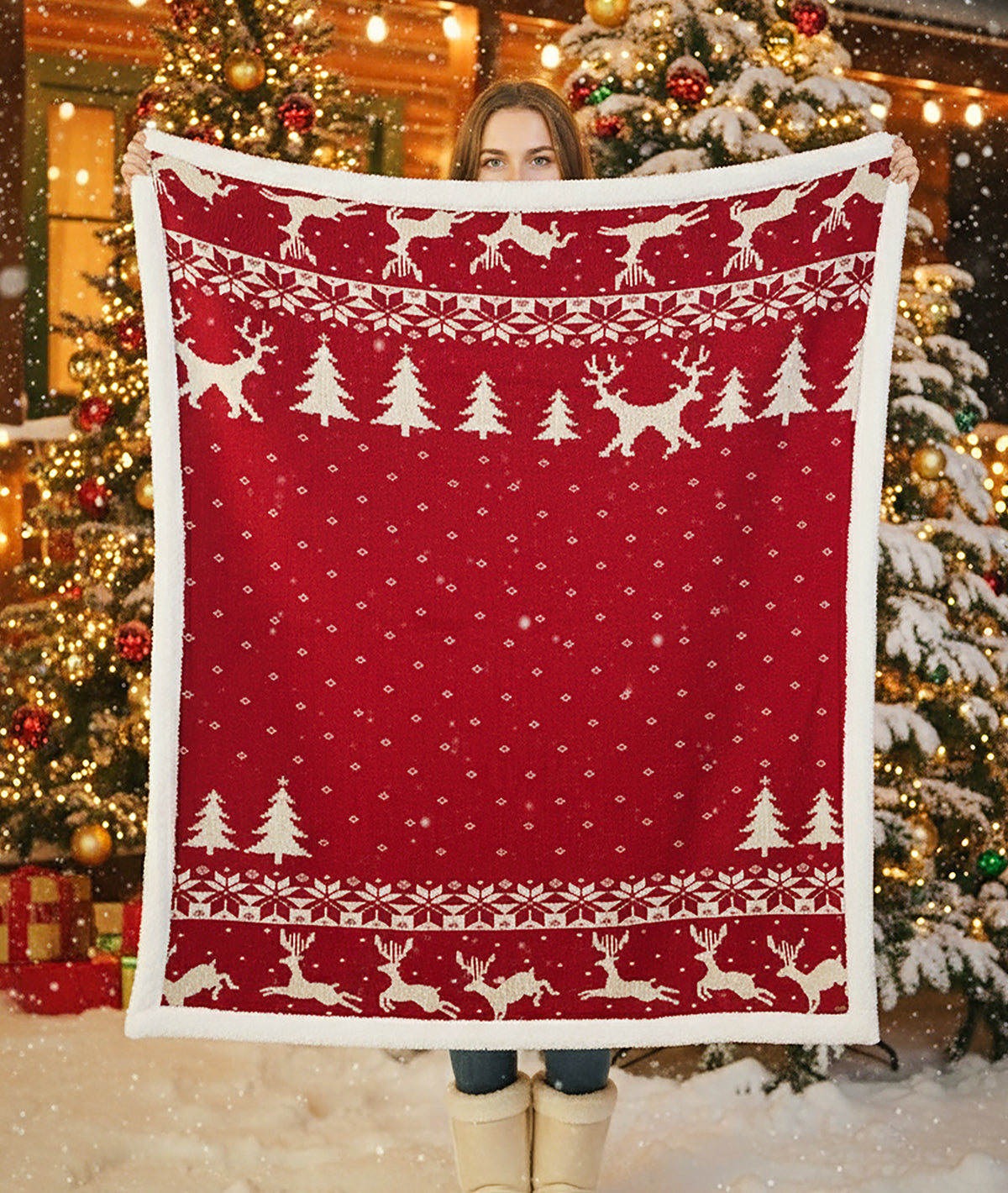 Reindeer Rush Cotton Knitted Kids Blanket with Warm Sherpa Fabric (Ivory & Red)
