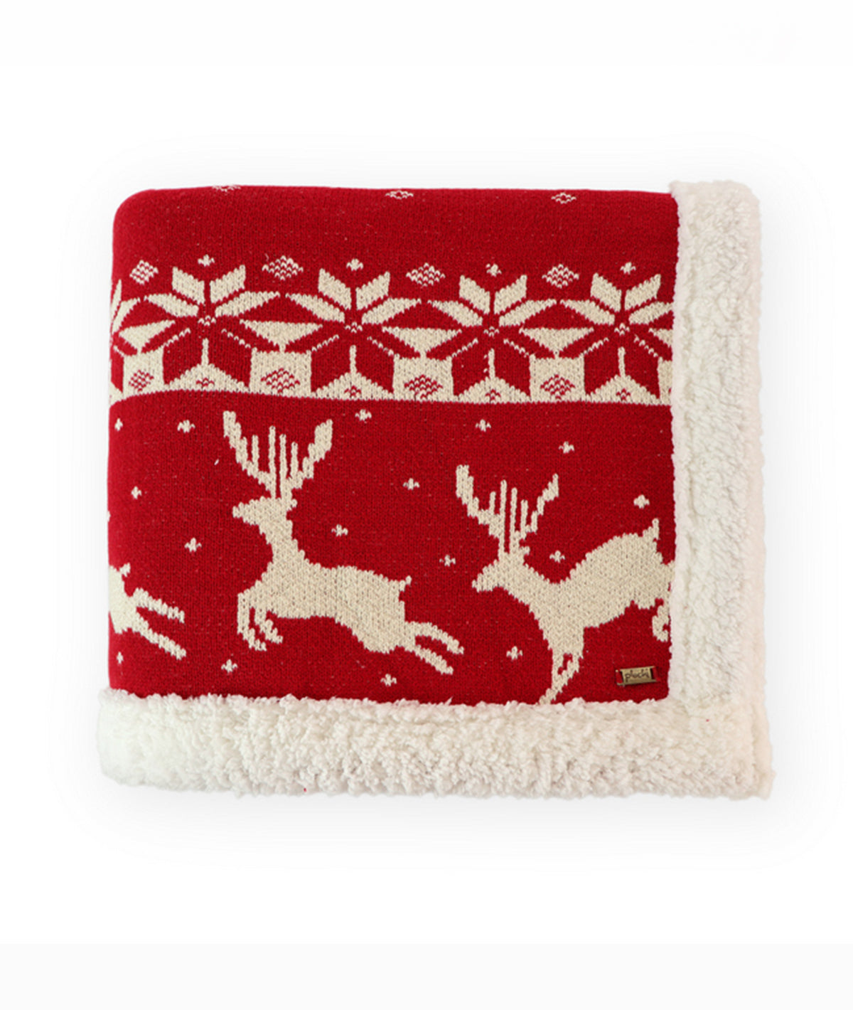 Reindeer Rush Cotton Knitted Kids Blanket with Warm Sherpa Fabric (Ivory & Red)