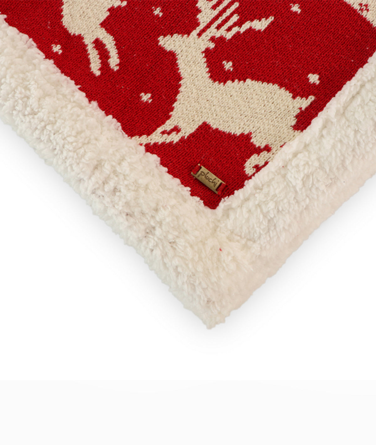 Reindeer Rush Cotton Knitted Kids Blanket with Warm Sherpa Fabric (Ivory & Red)
