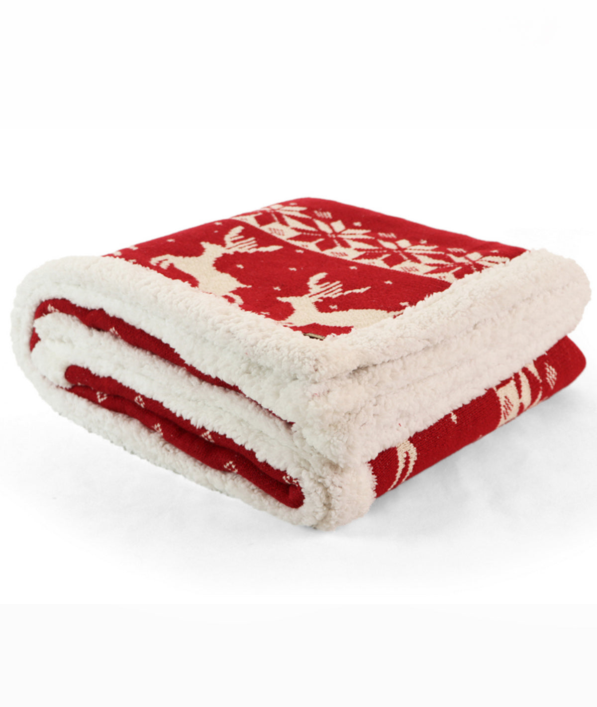 Reindeer Rush Cotton Knitted Kids Blanket with Warm Sherpa Fabric (Ivory & Red)