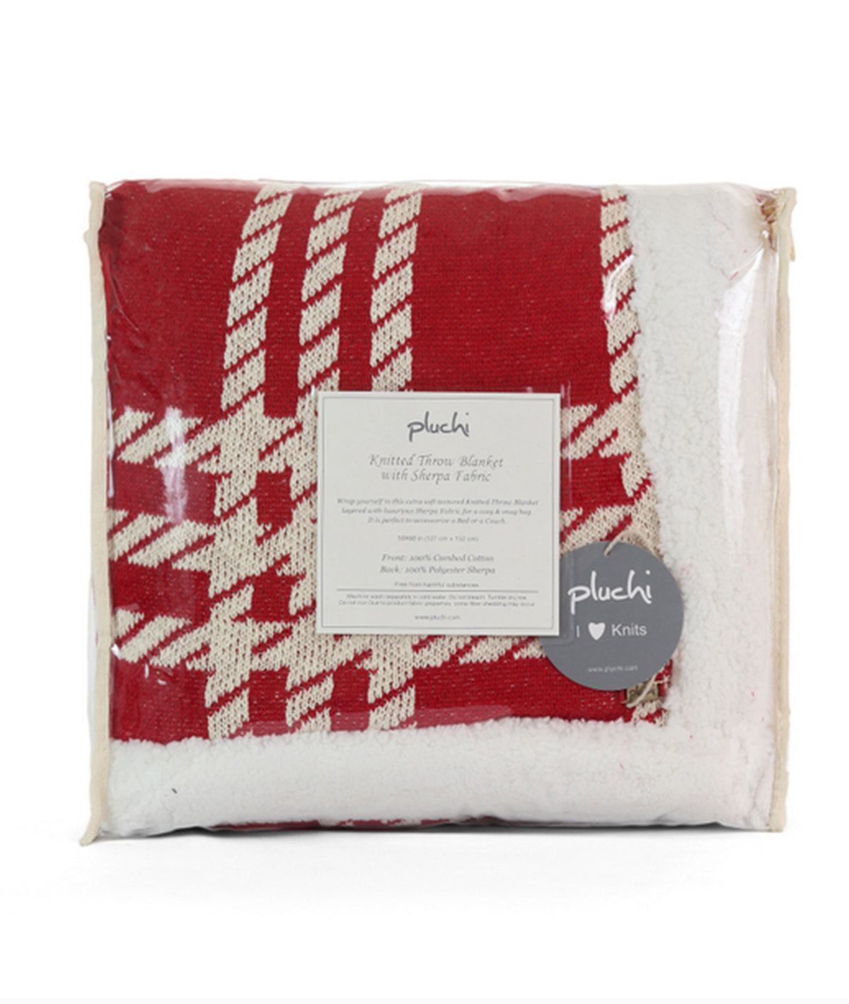 Classic Christmas Check Cotton Knitted Kids Blanket with Warm Sherpa Fabric (Ivory & Red)