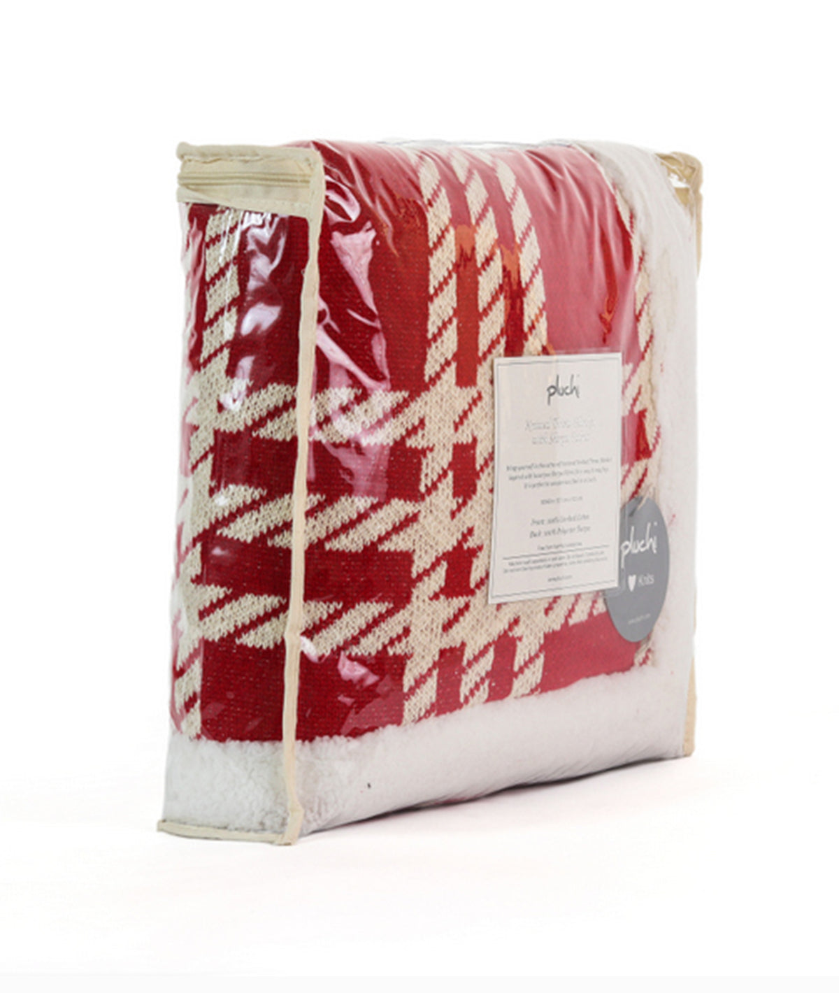 Classic Christmas Check Cotton Knitted Kids Blanket with Warm Sherpa Fabric (Ivory & Red)