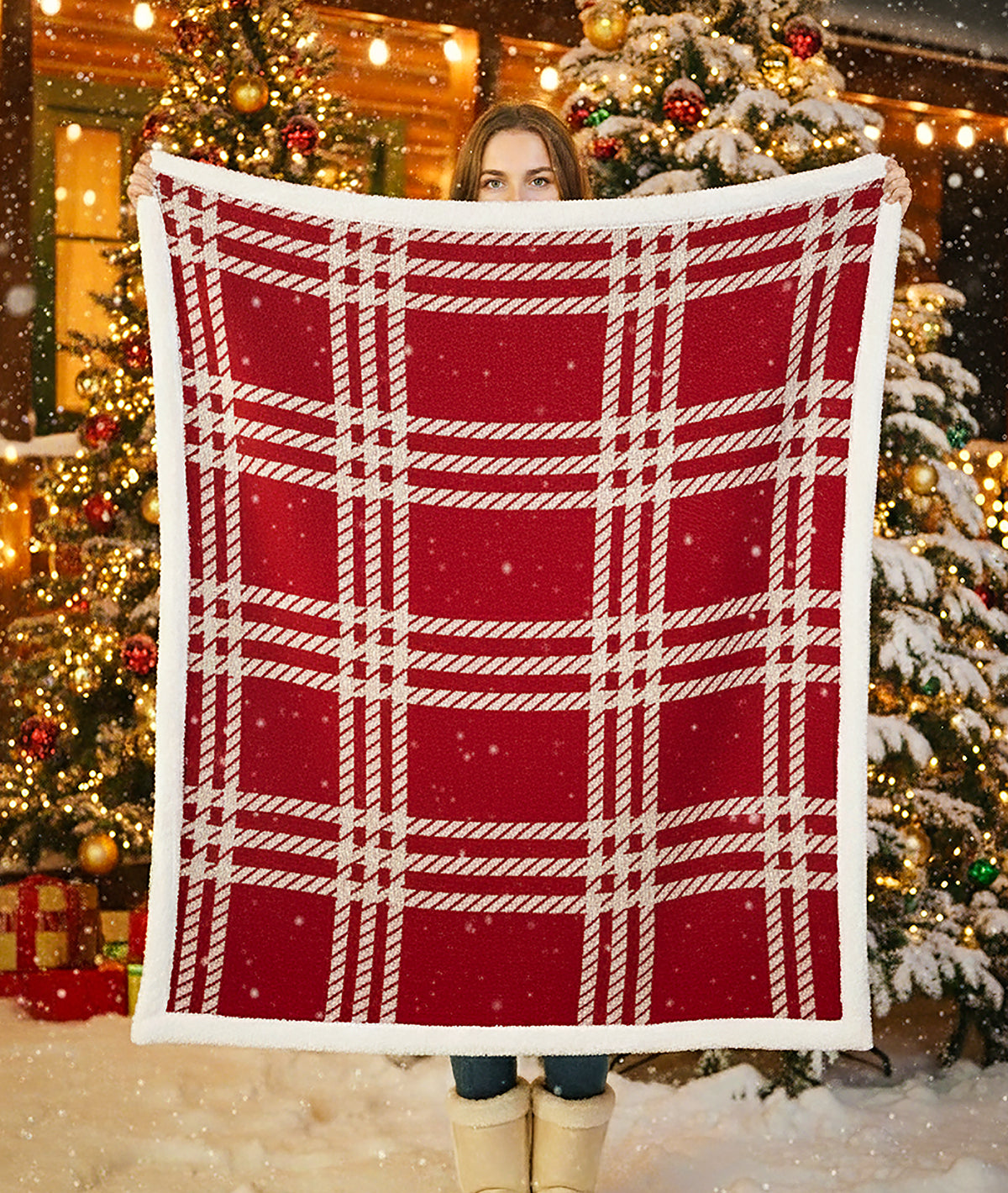 Classic Christmas Check Cotton Knitted Kids Blanket with Warm Sherpa Fabric (Ivory & Red)