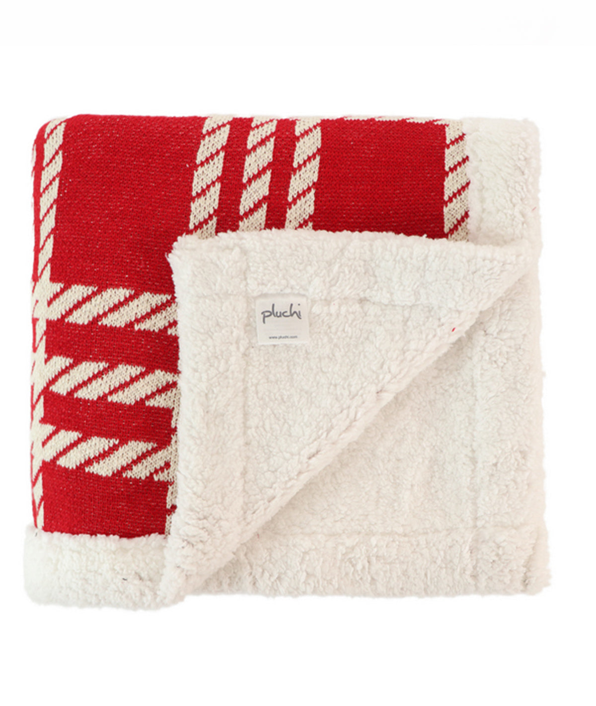 Classic Christmas Check Cotton Knitted Kids Blanket with Warm Sherpa Fabric (Ivory & Red)