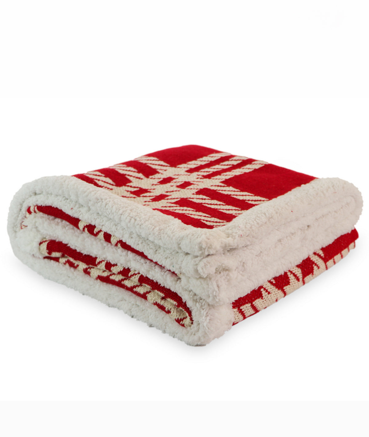 Classic Christmas Check Cotton Knitted Kids Blanket with Warm Sherpa Fabric (Ivory & Red)