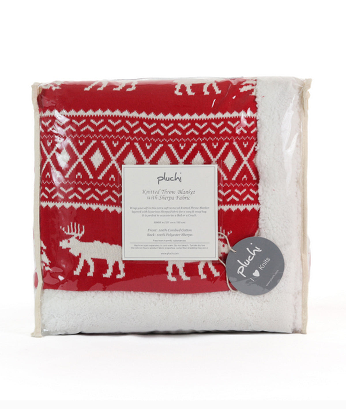 Reindeer Dreams Cotton Knitted Kids Blanket with Warm Sherpa Fabric (Ivory & Red)