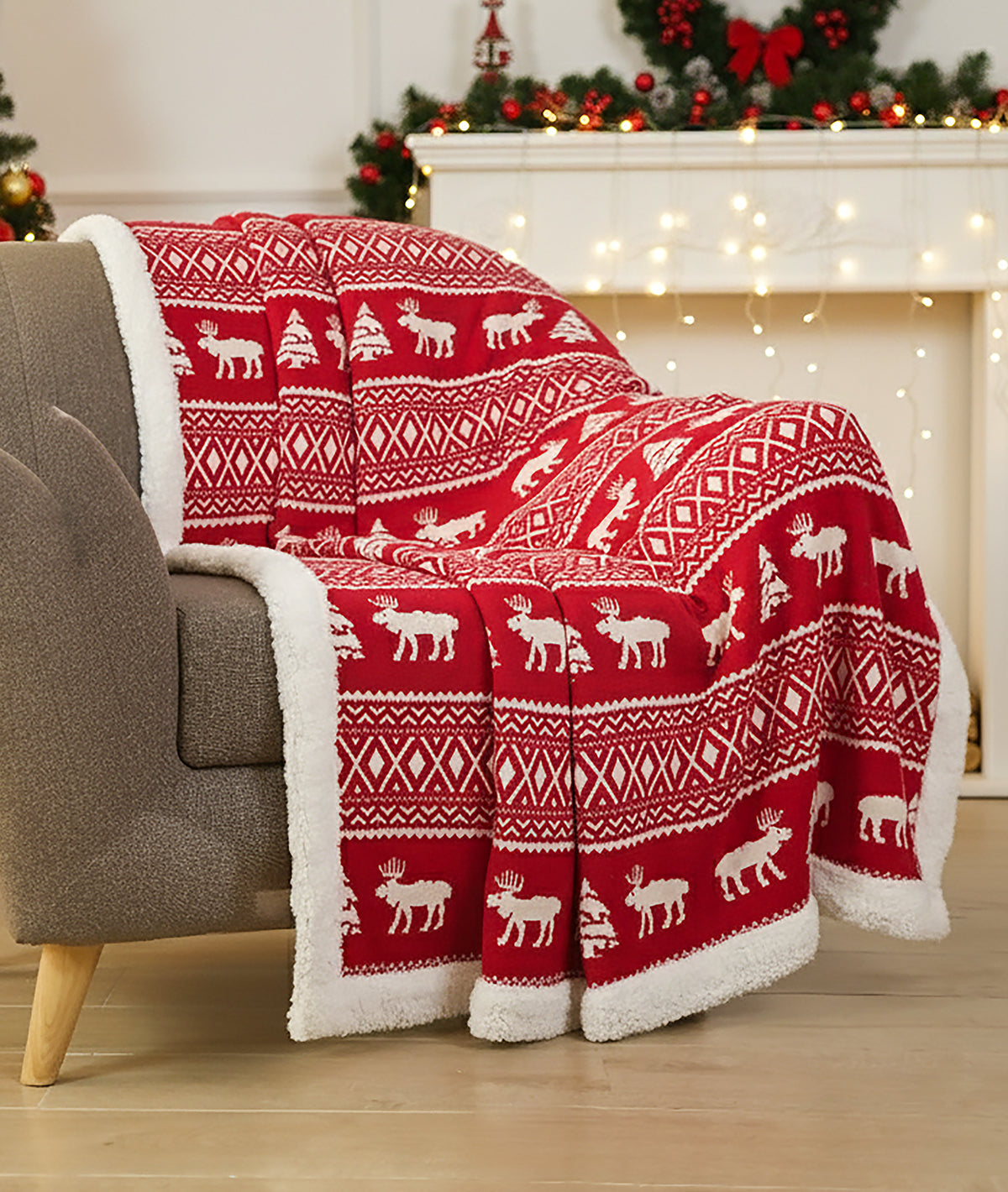 Reindeer Dreams Cotton Knitted Kids Blanket with Warm Sherpa Fabric (Ivory & Red)