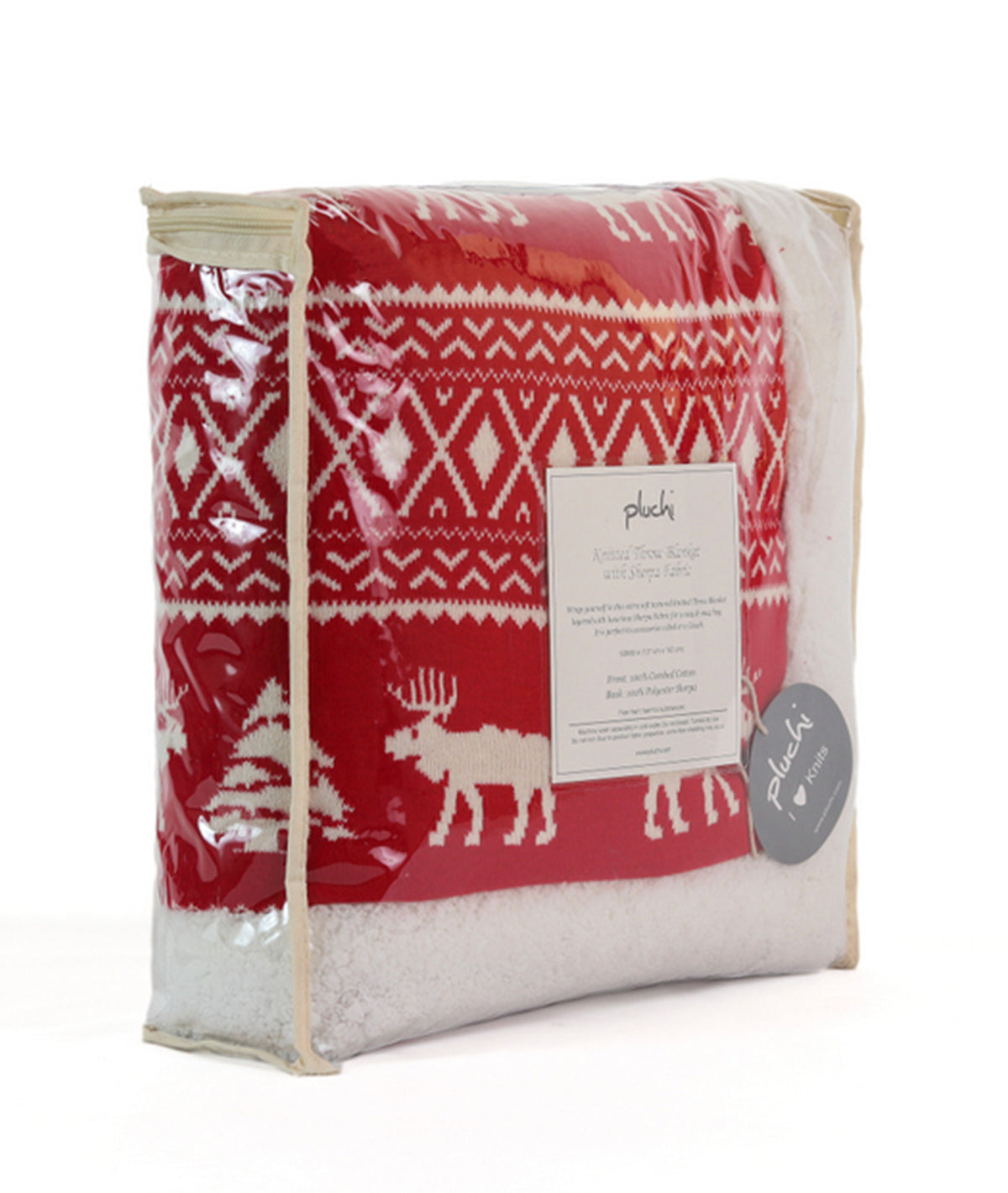 Reindeer Dreams Cotton Knitted Kids Blanket with Warm Sherpa Fabric (Ivory & Red)