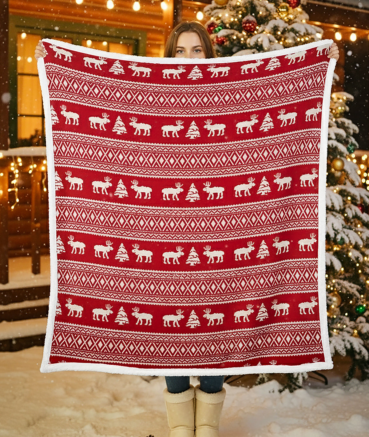 Reindeer Dreams Cotton Knitted Kids Blanket with Warm Sherpa Fabric (Ivory & Red)