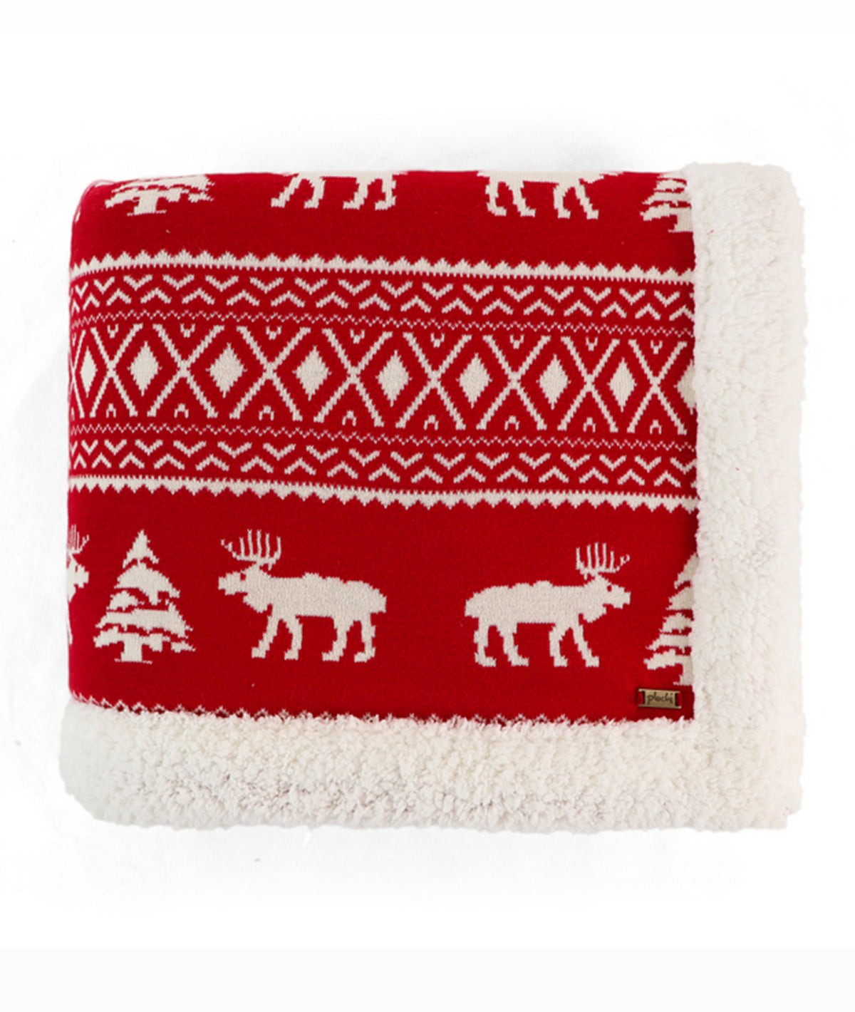 Reindeer Dreams Cotton Knitted Kids Blanket with Warm Sherpa Fabric (Ivory & Red)