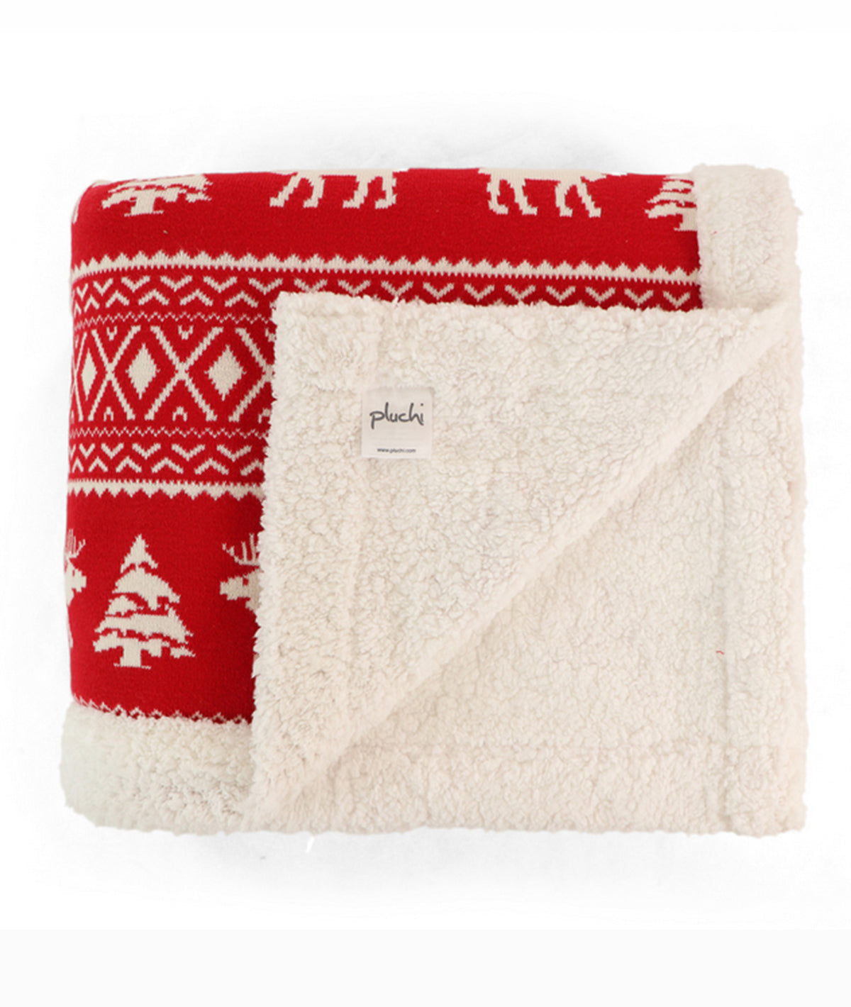 Reindeer Dreams Cotton Knitted Kids Blanket with Warm Sherpa Fabric (Ivory & Red)