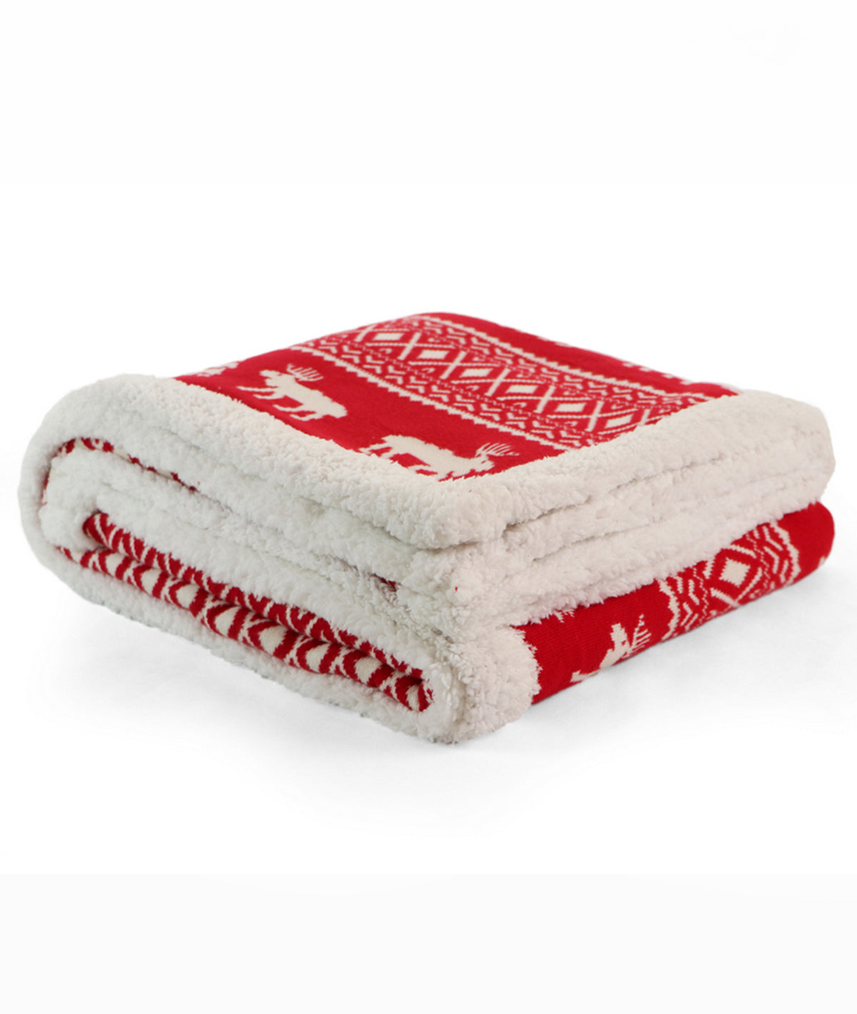 Reindeer Dreams Cotton Knitted Kids Blanket with Warm Sherpa Fabric (Ivory & Red)