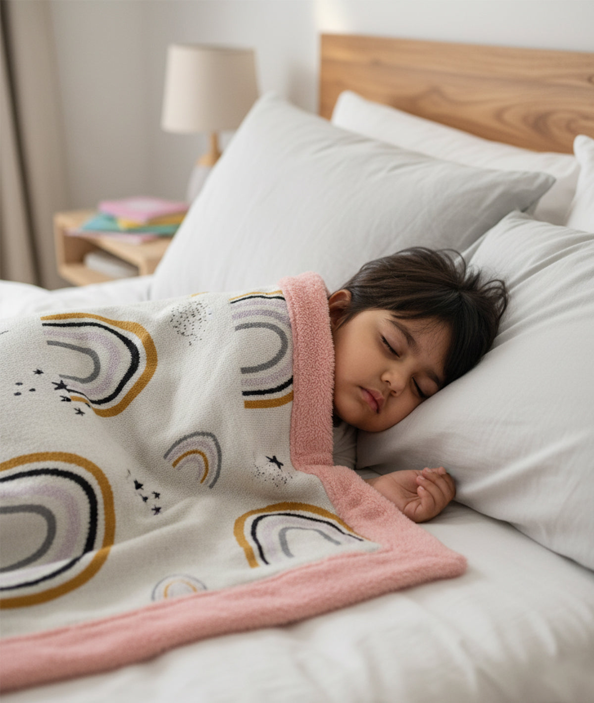Dance with Rainbows - Natural, Light Pink & Multi Color Cotton Knitted Blanket With Faux Fur Back For Kids