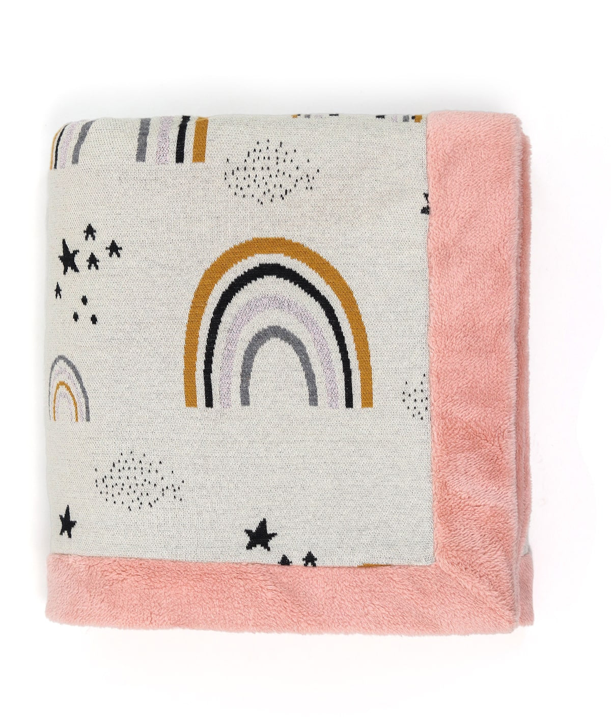 Dance with Rainbows - Natural, Light Pink & Multi Color Cotton Knitted Blanket With Faux Fur Back For Kids