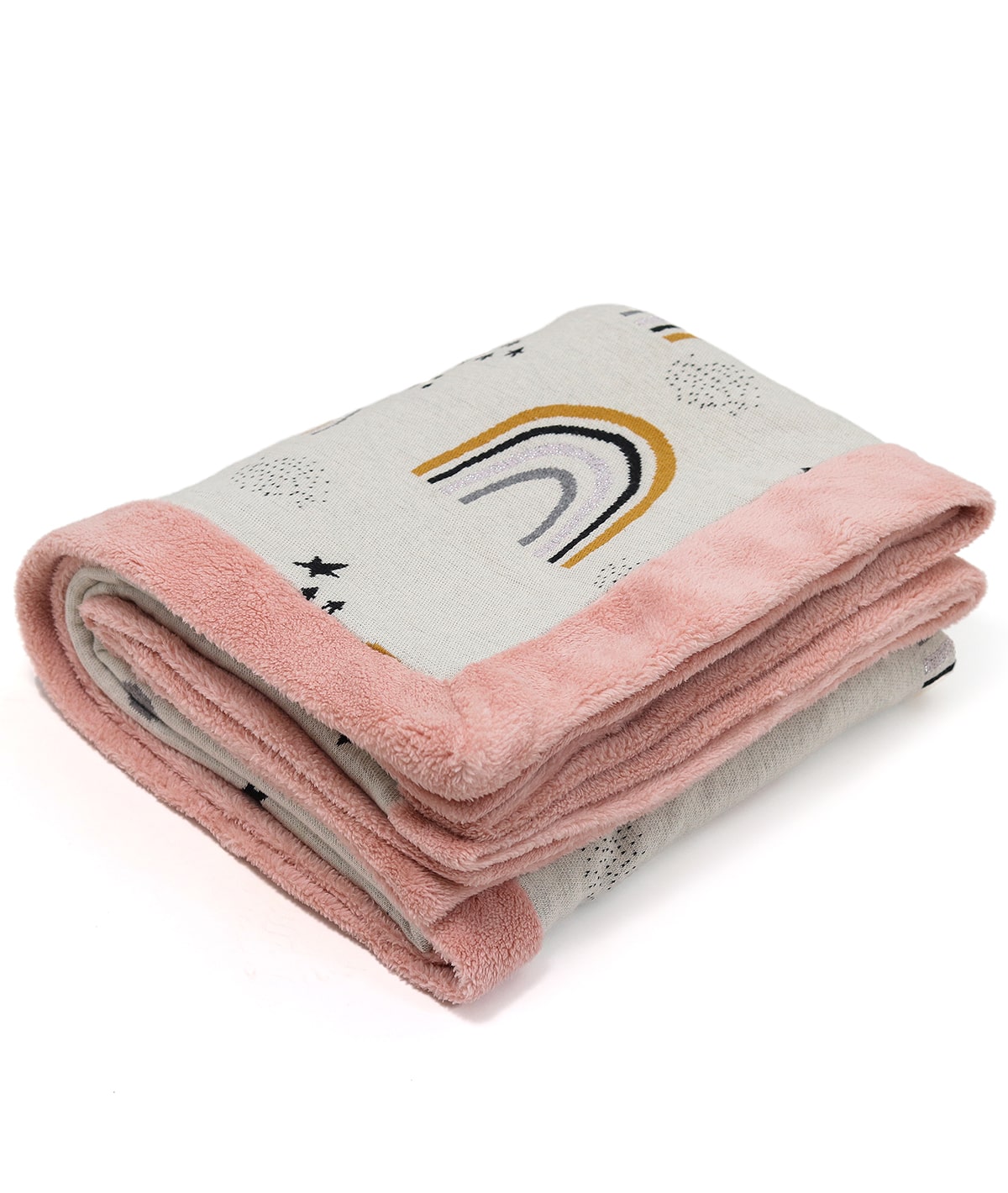 Dance with Rainbows - Natural, Light Pink & Multi Color Cotton Knitted Blanket With Faux Fur Back For Kids