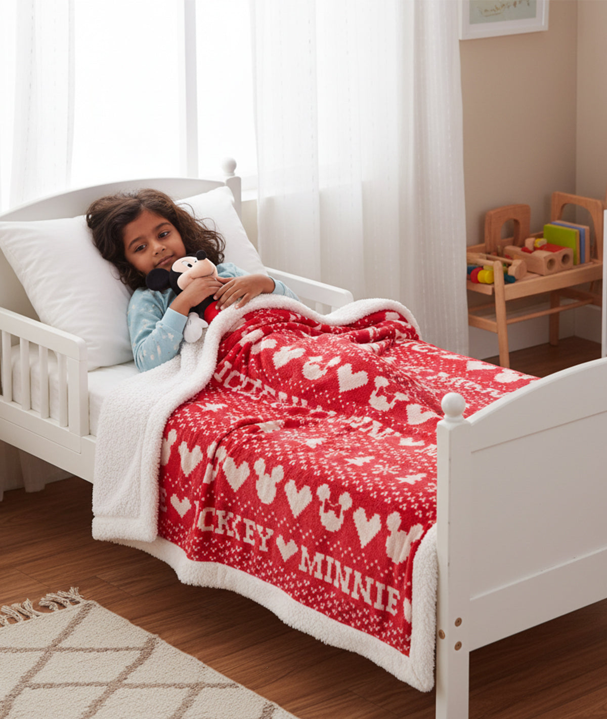 Fairisle Christmas Mickey Mouse Sherpa Cotton Knitted Kids Single Bed Blanket with Warm Sherpa Fabric (4 to 14 Years)