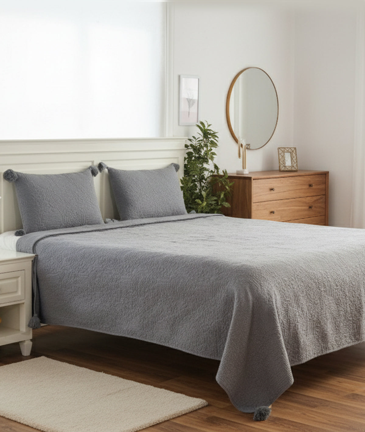 Antique Medium Grey Melange 100% Cotton Knitted With Polyester Filled King Size Bed Cover With 2 Pillow Covers set