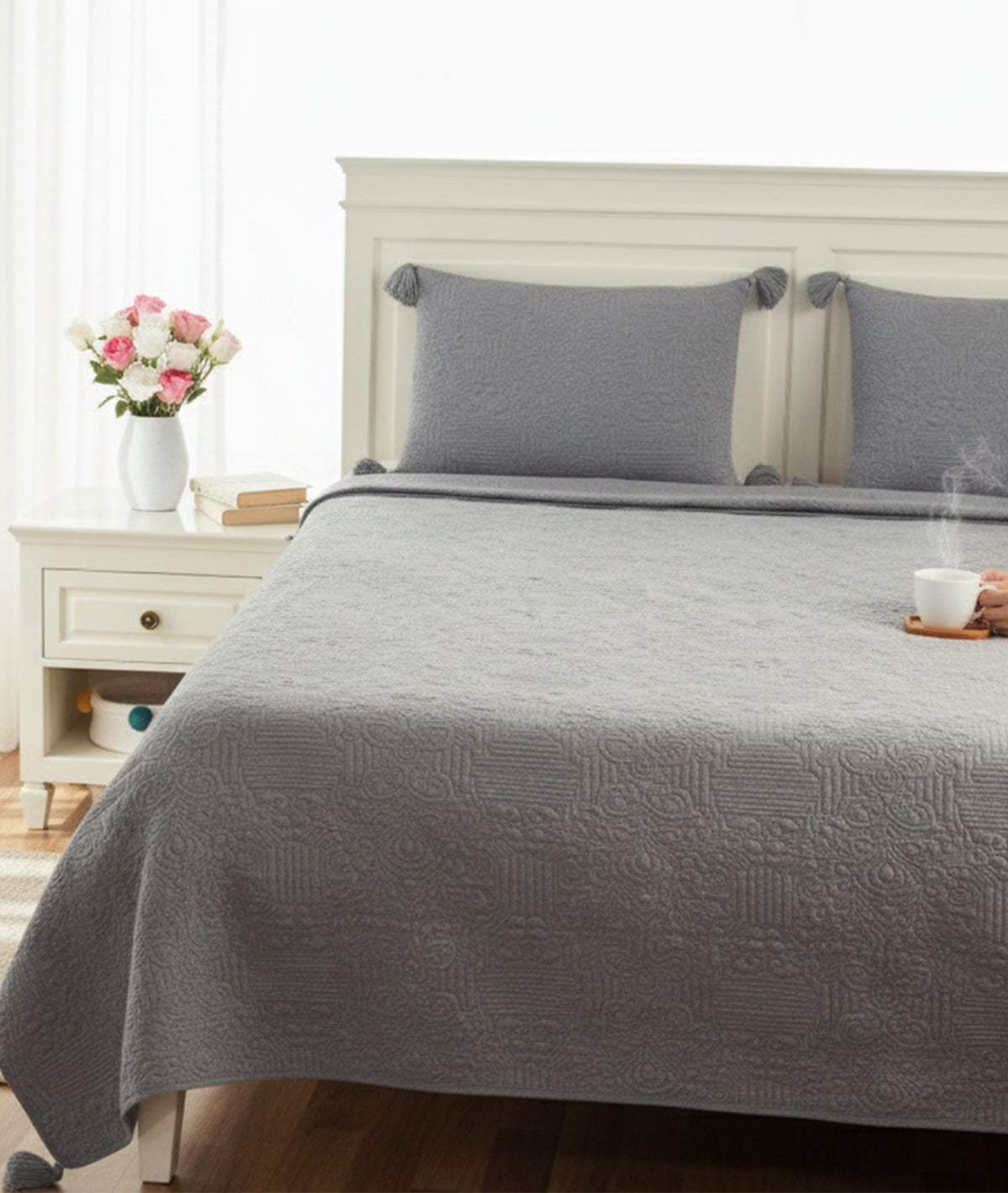Antique Medium Grey Melange 100% Cotton Knitted With Polyester Filled King Size Bed Cover With 2 Pillow Covers set