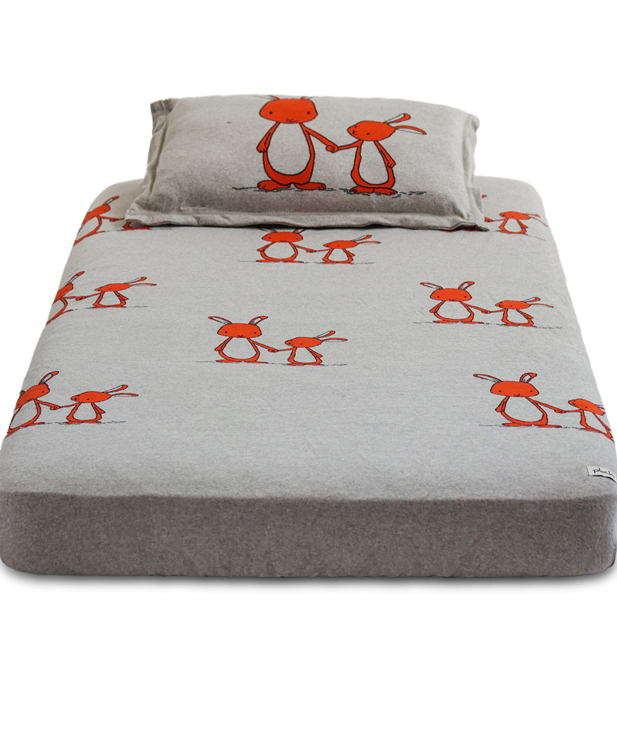 Mumma And Baby Bunny Light Grey Melange & Bright Orange Cotton Knitted Cot Sheet & Pillow Set for Babies