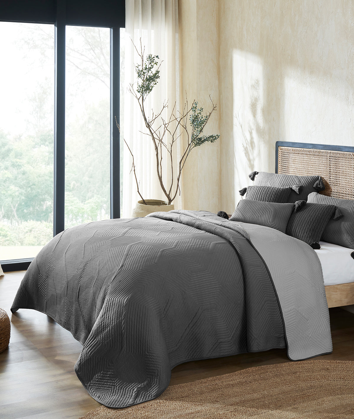 Graham Dark Grey Color 100% Cotton Knitted With Polyester Filled King Size Bed Cover With 2 Pillow Covers And 3 Cushion Covers (Set Of 6 Pcs - Polyfill Inside)