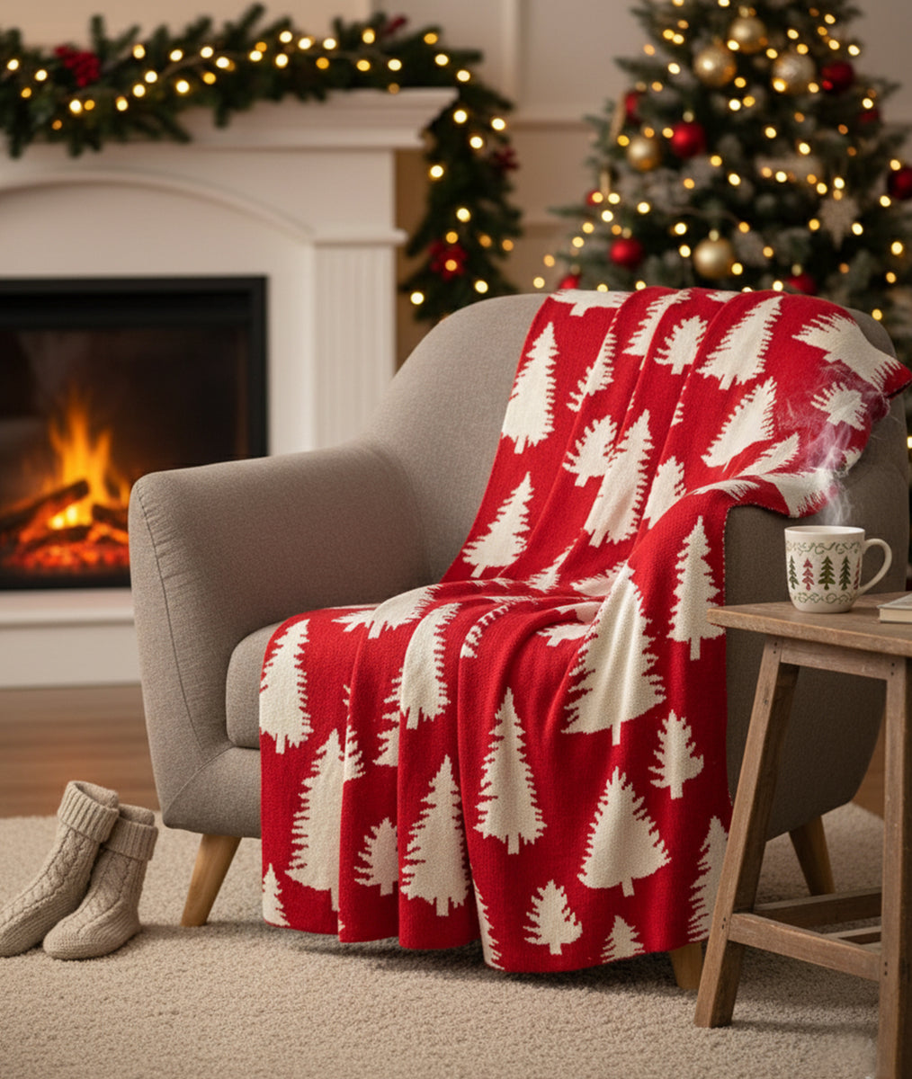 X-Mas Tree Red 100% Cotton Knitted All Season AC Throw Blanket – Pluchi ...