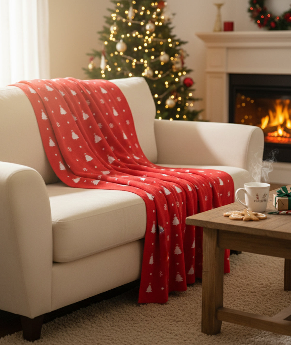 Christmas Tree Red 100% Cotton Knitted All Season AC Throw Blanket