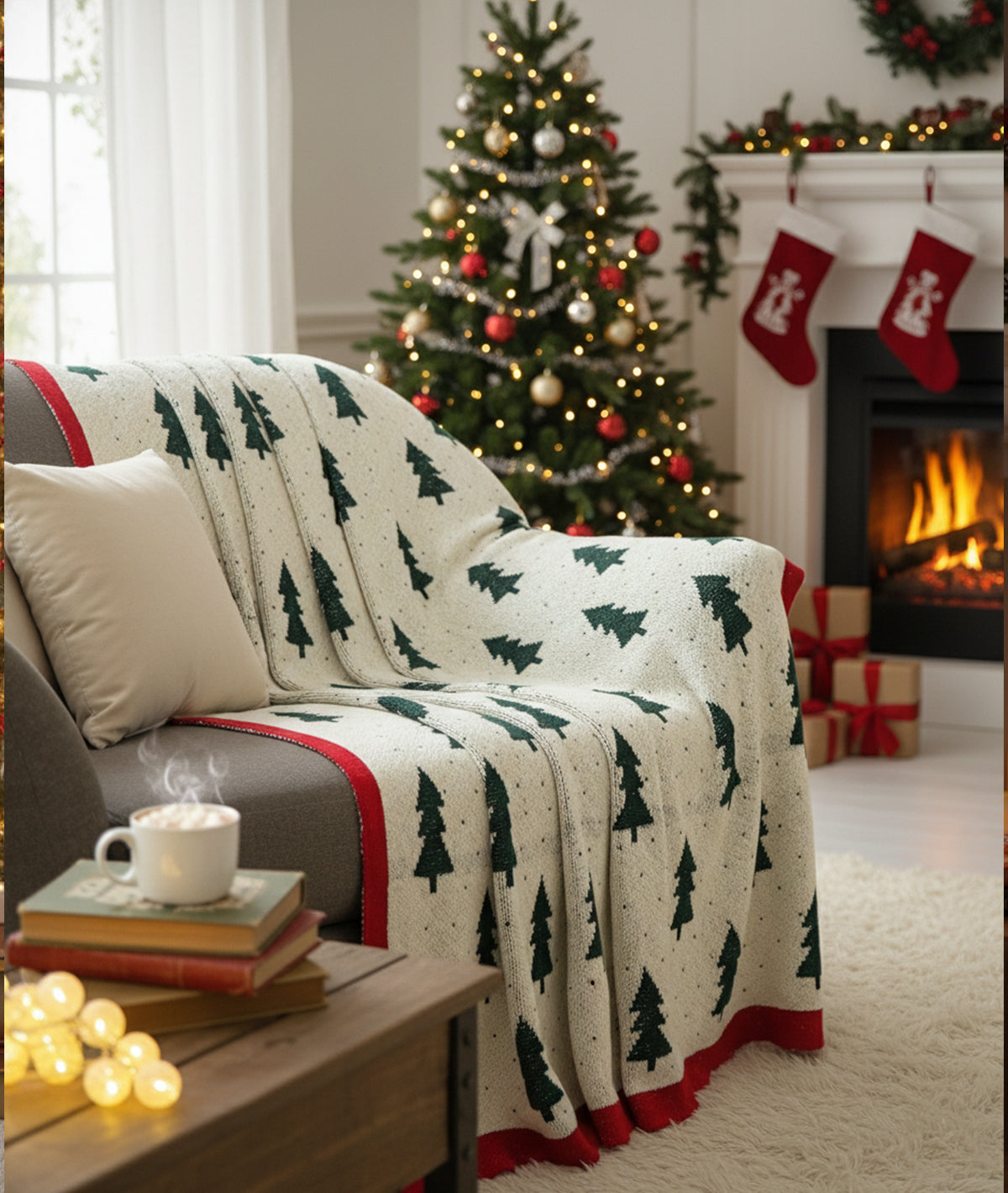 X-Mas Tree Natural & Green 100% Cotton Knitted All Season AC Throw Blanket