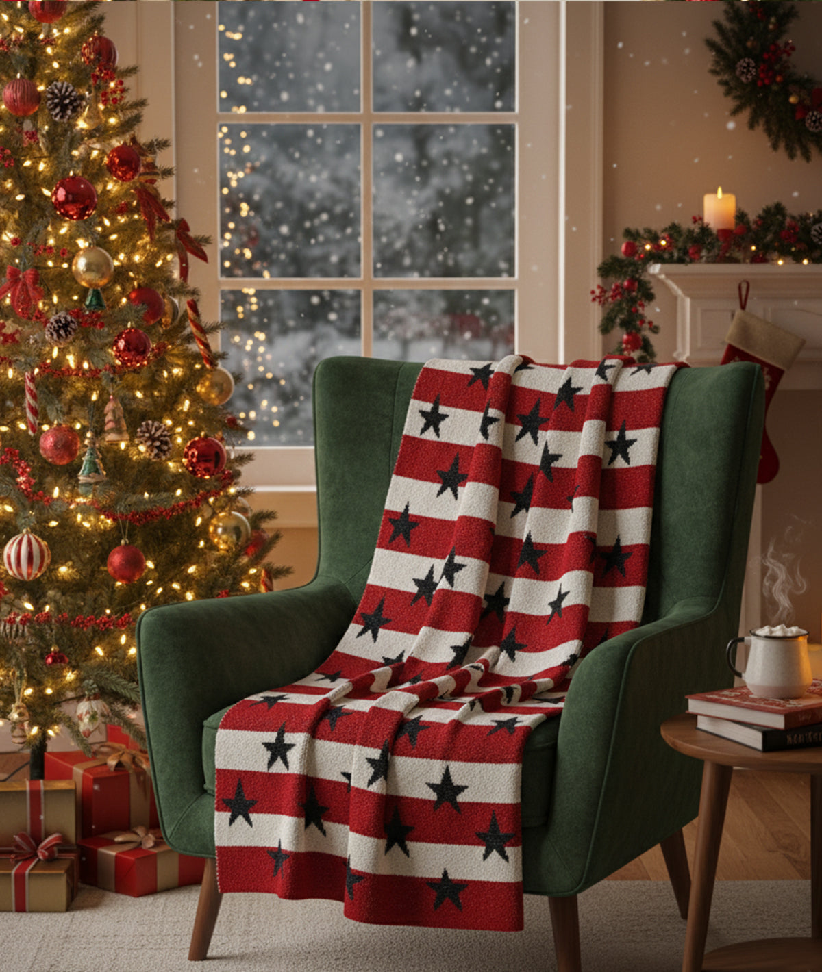 Star Red & Navy 100% Cotton Knitted All Season AC Throw Blanket