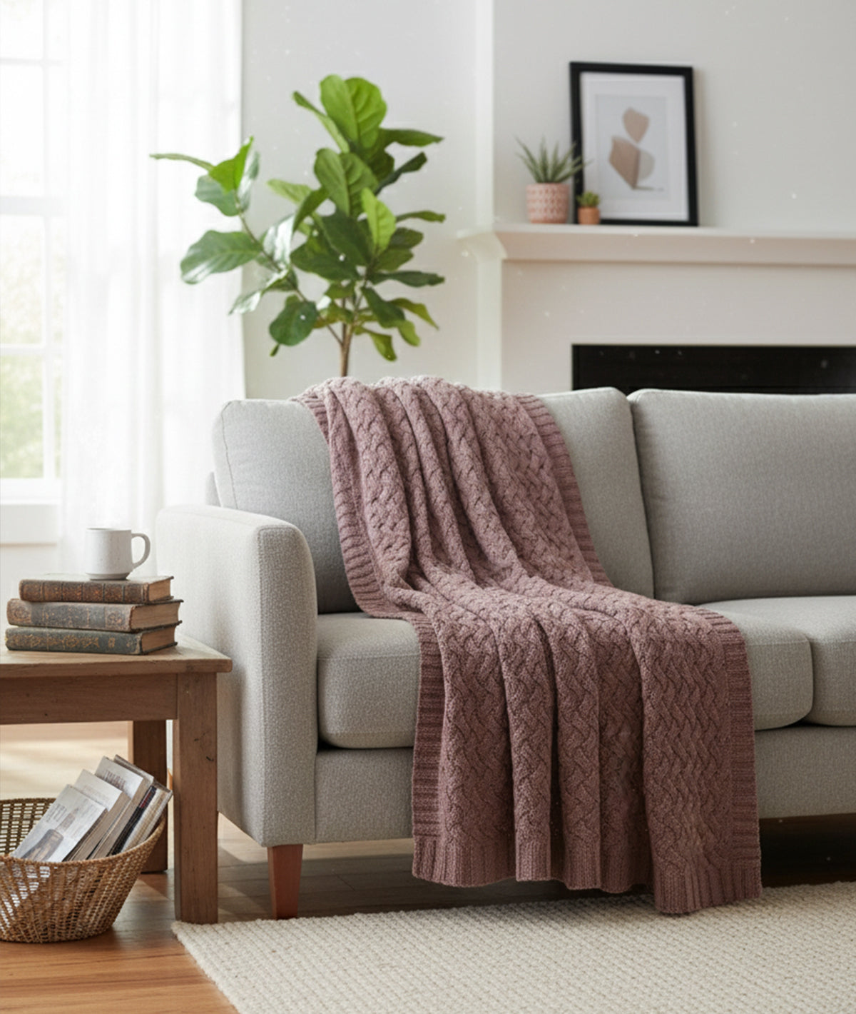 CRISS CROSS - Pewter Color 100% Cotton Knitted All Season AC Throw Blanket